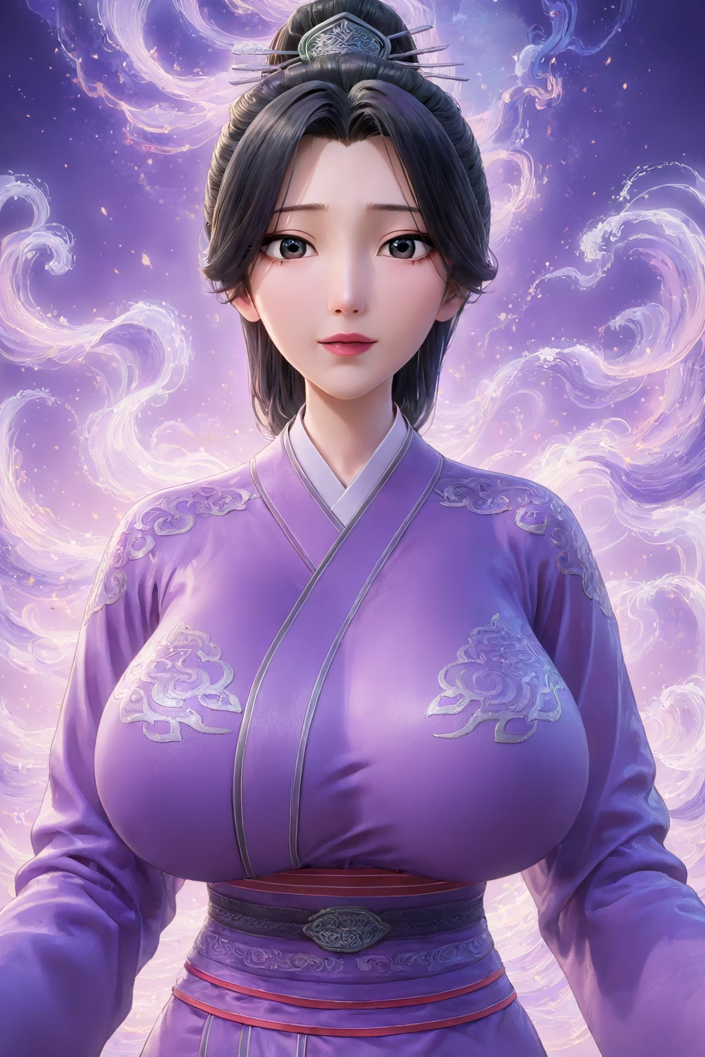 front view,
1girl,mature female,milf,huge breasts,upper body,looking at viewer,
Best quality,masterpiece,soft light,official art,high quality,highres,absurdres,epic scene,natural textures,<lora:Yin Furen IL 3D:1>,yin furen,black hair,hair ornament,black eyes,big eyes,purple chinese clothes,