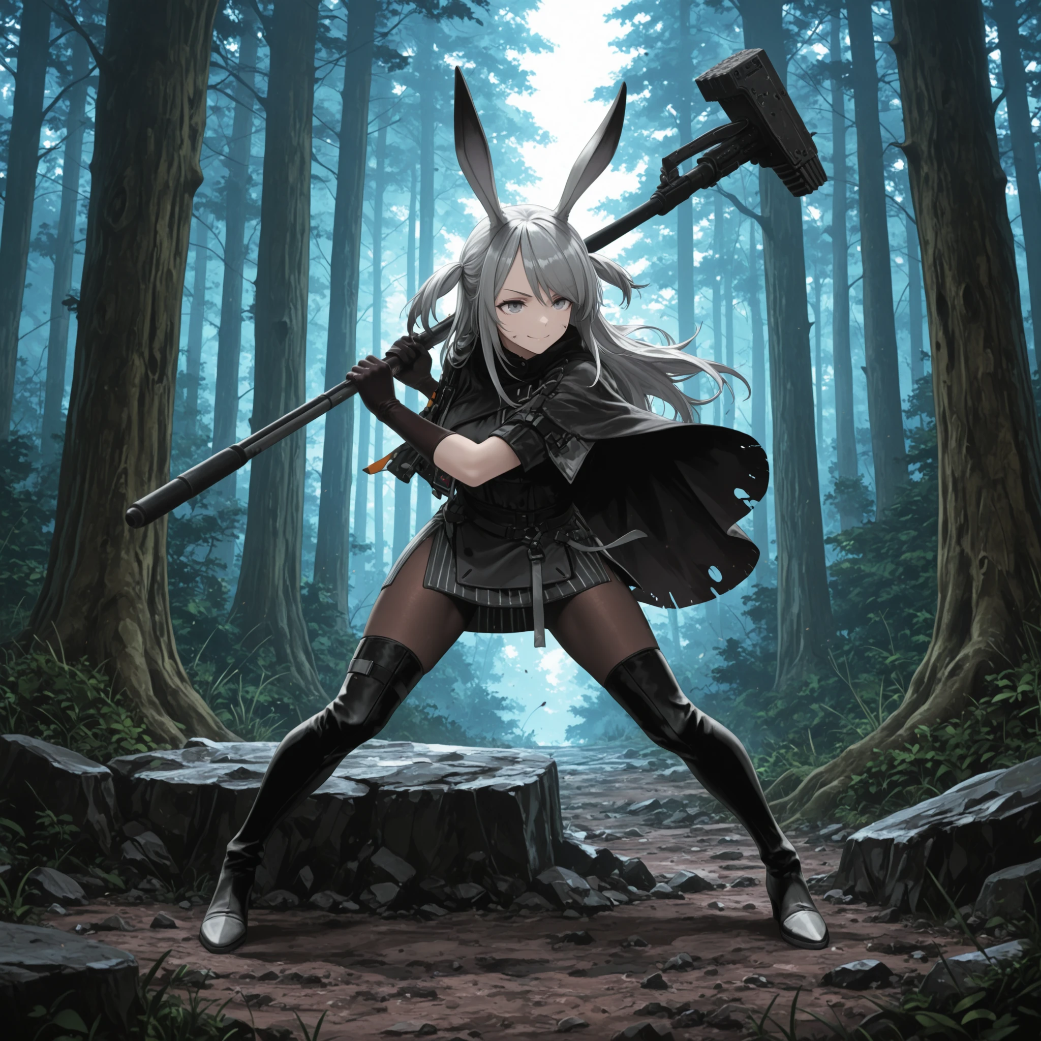 masterpiece,best quality,amazing quality, savage, gray hair, side locks, rabbit girl, grey eyes, two side up, long hair, gloves,official costume, dress, short dress, pantyhose, thigh boots, pantyhose, standing, smile,thighhighs, outdoors, sitting, cloak, burned clothes, general, serious, holding hammer, straight-on, pipe, attacking, forest, solo, action shot, dynamic pose,
<lora:Savage (Illustrious) v1:1>