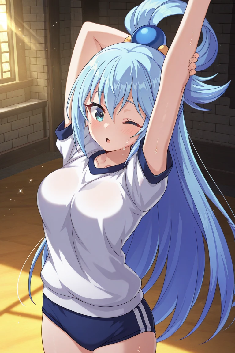 KonosubaFantasticDays-Liver020, masterpiece, best quality, amazing quality, rays ligh, particles of light, front shot cinematic angle, detailed, various angles, detailed background, beautiful background, BREAK Aqua-Liver020, 1girl, solo, medium breasts, long hair, single hair ring, very long hair, blue hair, hair ornament, bangs, BREAK white shirt, short sleeves, gym uniform, buruma, stretching, :o, sweat, one eye closed