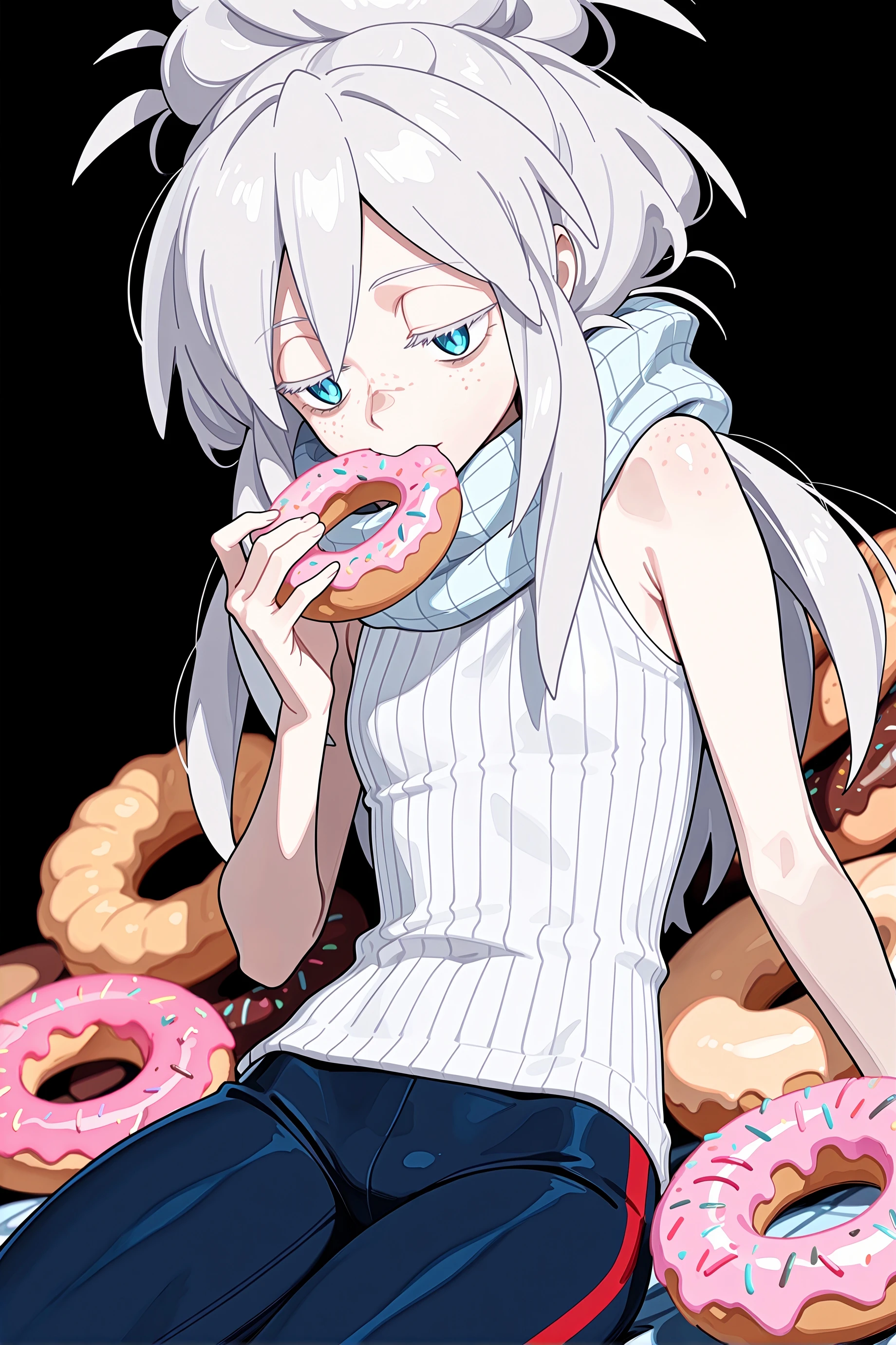 1girl, deux murasame, freckles,
sleeveless, white ribbed sweater, tight pants, light blue scarf,
jitome,
sitting, eating,
black background, doughnut, biting, food bite,
cowboy shot, dutch angle, <lora:deuxmurasameillv3.1:0.9>,, masterpiece, best quality, amazing quality, very aesthetic, absurdres, highres, newest,<lora:xl_saturation_slider:0.1> <lora:add-detail-xl:1> <lora:illustriousXLv01_stabilizer_v1.121:0.4> <lora:reduce_wrinkles_illstriouosv0.1_ADDifT_2_in_1_v1.2:0.9>