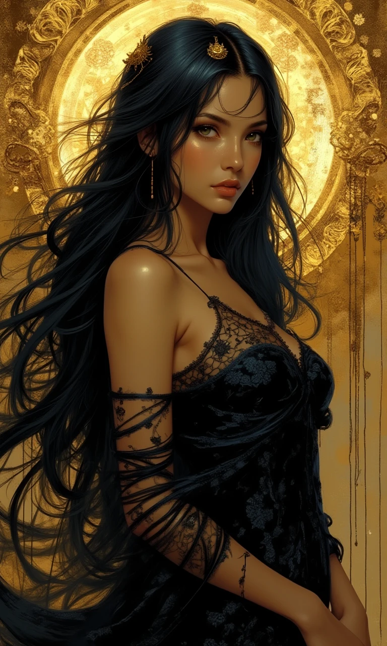 a woman with long black hair in a gold painting, in the style of charlie bowater, dark blue and dark black, michael garmash, comic art, realistic color palette, dark black and beige, soft-focused realism ,, beautiful, detailed, intricate, elegant, highly enhanced, dramatic light, sharp focus, illuminated background, divine, scenic, professional, artistic, attractive, pretty, cute, perfect, innocent, balanced colors, best, romantic, futuristic, stunning, magical, pure, wonderful, delicate, creative, positive, unique, flowing, color, shiny,