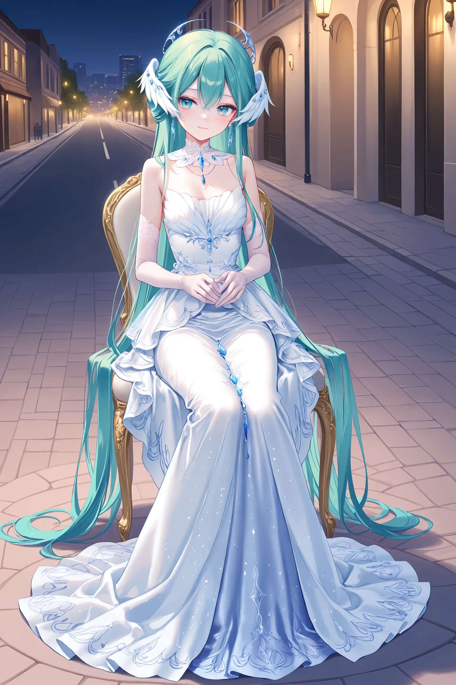 masterpiece,best quality,newest,absurdres,highres,soft shadows,year2024,(chen bin:0.7),(hiten \(hitenkei\):0.4),(rimuu:0.5),(mignon:0.5),(sheya:0.6),
1girl,hatsune miku,light smile,
<lora:nightowlXLNAI:1>,nightowl,white dress,long dress,jewelry,hair ornament,elbow gloves,head wings,necklace,earrings,detached collar,
outdoors,street,road,full body,
sitting on chair,