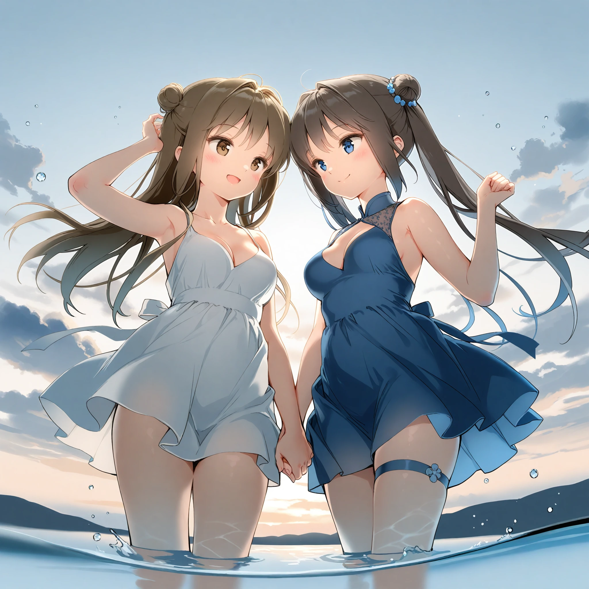 Big Dipper、Night view of the port town and starry sky、Light blue striped shirt dress、Sandals for bare feet、Skirt flipping、Her dress flips up to reveal her cute white underwear、Cute white underwear that shows off your guts、Beautiful shaped、Bra straps are visible
