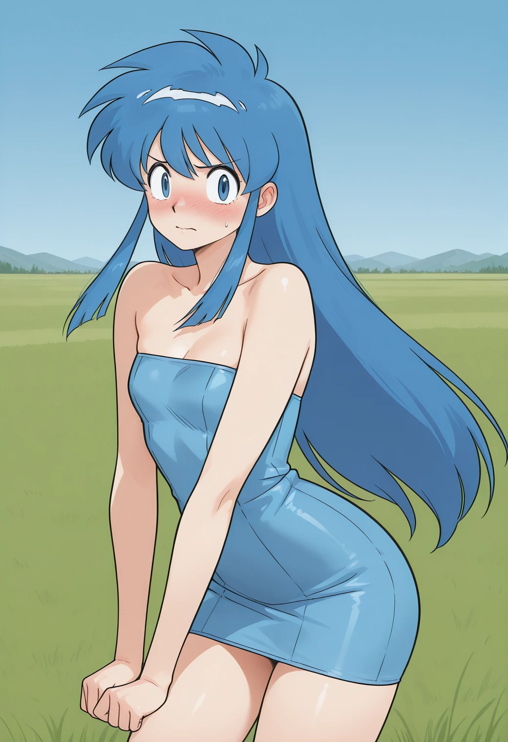 okinu-chan, blue eyes, blue hair, sidelocks, long hair, blue dress, short dress, strapless dress, tube dress, <lora:gs_okinu-chan_illustrious_ver2:0.8>
embarrassed, nose blush, cowboy shot,, masterpiece, best quality, sensitive,, 1girl, solo, blue sky, (grasslands:1.2), looking at viewer,, (dynamic pose:1.4), (upside-down:-1),