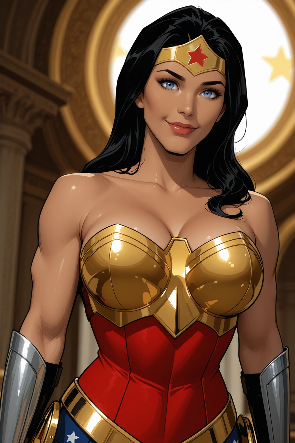 masterpiece, good quality, best quality, very awa, very as2, absurdres, highres, depth of field, photorealism, dynamic lighting, high contrast, looking at viewer, sexy, huge breasts, dark eyeshadow, thick eyeliner, thick eyebrows, full lips, BREAK
<lora:Wonder Woman InjusticeilluLora:1>WonWomInjust, tanned, muscular female, long hair, black hair, golden Tiara, star (Symbol), blue eyes, bare shoulders, golden Breastplate, red corset, silver vambraces, pants, boots, cowboy shot, cleavage, smile,