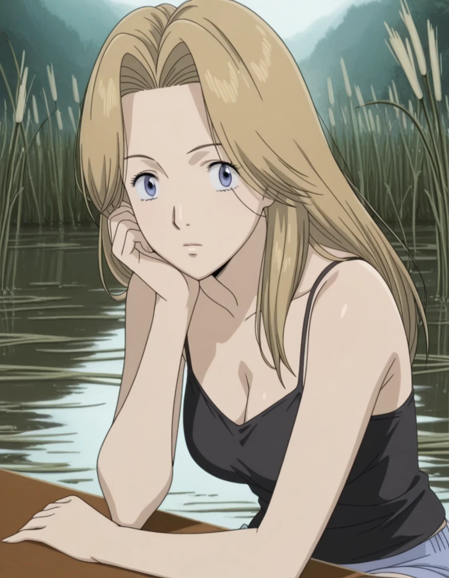 masterpiece, best quality, amazing quality,, <lora:anna-liebert-anime-illustriousxl-lora-nochekaiser:1>, anna liebert, long hair, blue eyes, blonde hair, parted bangs, hair intakes, forehead, mature female, medium breasts, anime screencap, camisole, spaghetti strap, black camisole, cleavage, collarbone, bare shoulders, shorts, short shorts, sitting, elbow rest, table,, wetland, water, reeds, swamp, wildlife, cowboy shot, solo, looking at viewer,