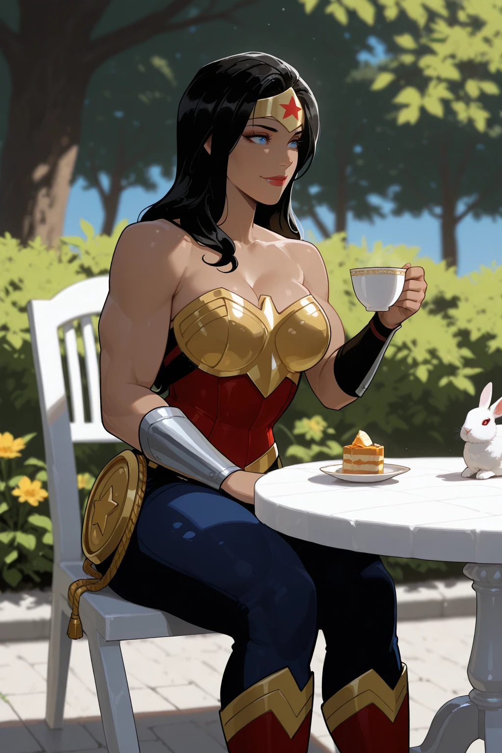 masterpiece, good quality, best quality, very awa, very as2, absurdres, highres, depth of field, photorealism, dynamic lighting, high contrast
<lora:Wonder Woman InjusticeilluLora:1>WonWomInjust, tanned, muscular female, long hair, black hair, golden Tiara, star (Symbol), blue eyes, bare shoulders, cleavage, golden Breastplate, red corset, silver vambraces, pants, boots, rope on hip, golden rope, sitting, garden, table, chair, holding cup of tea, smile, dappled sunlight, trees, rabbits, butterflys
