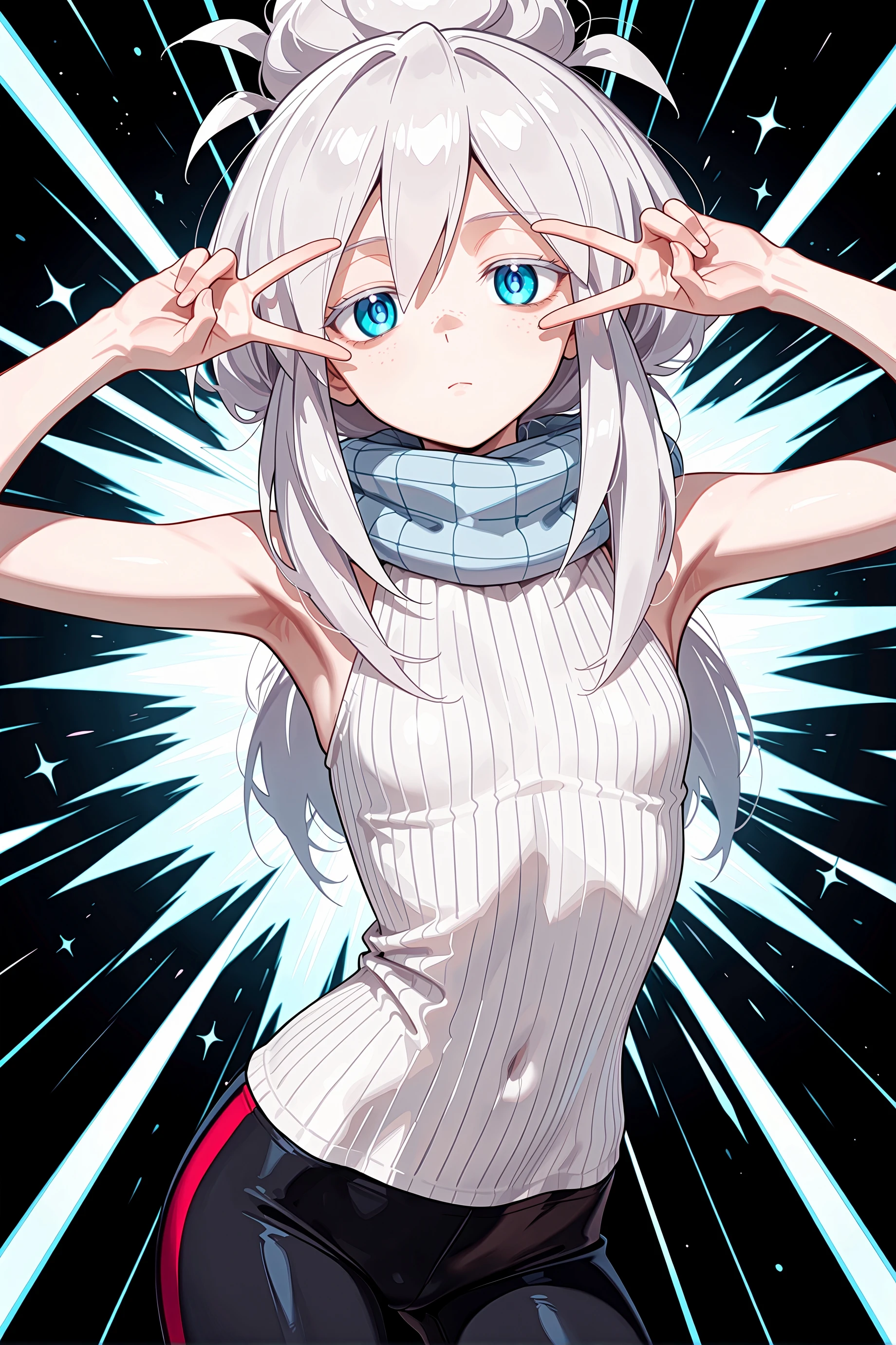 1girl, deux murasame, white hair, 
blue scarf, white sweater, ribbed sweater, sleeveless, black pants, tight pants, 
expressionless, 
standing, contrapposto, double v, v over eye, emotional engine - full drive, 
black background, 
cowboy shot, looking at viewer, <lora:deuxmurasameillv3.1:0.9>,, masterpiece, best quality, amazing quality, very aesthetic, absurdres, highres, newest,<lora:xl_saturation_slider:0.1> <lora:add-detail-xl:1> <lora:illustriousXLv01_stabilizer_v1.121:0.4> <lora:reduce_wrinkles_illstriouosv0.1_ADDifT_2_in_1_v1.2:0.9>