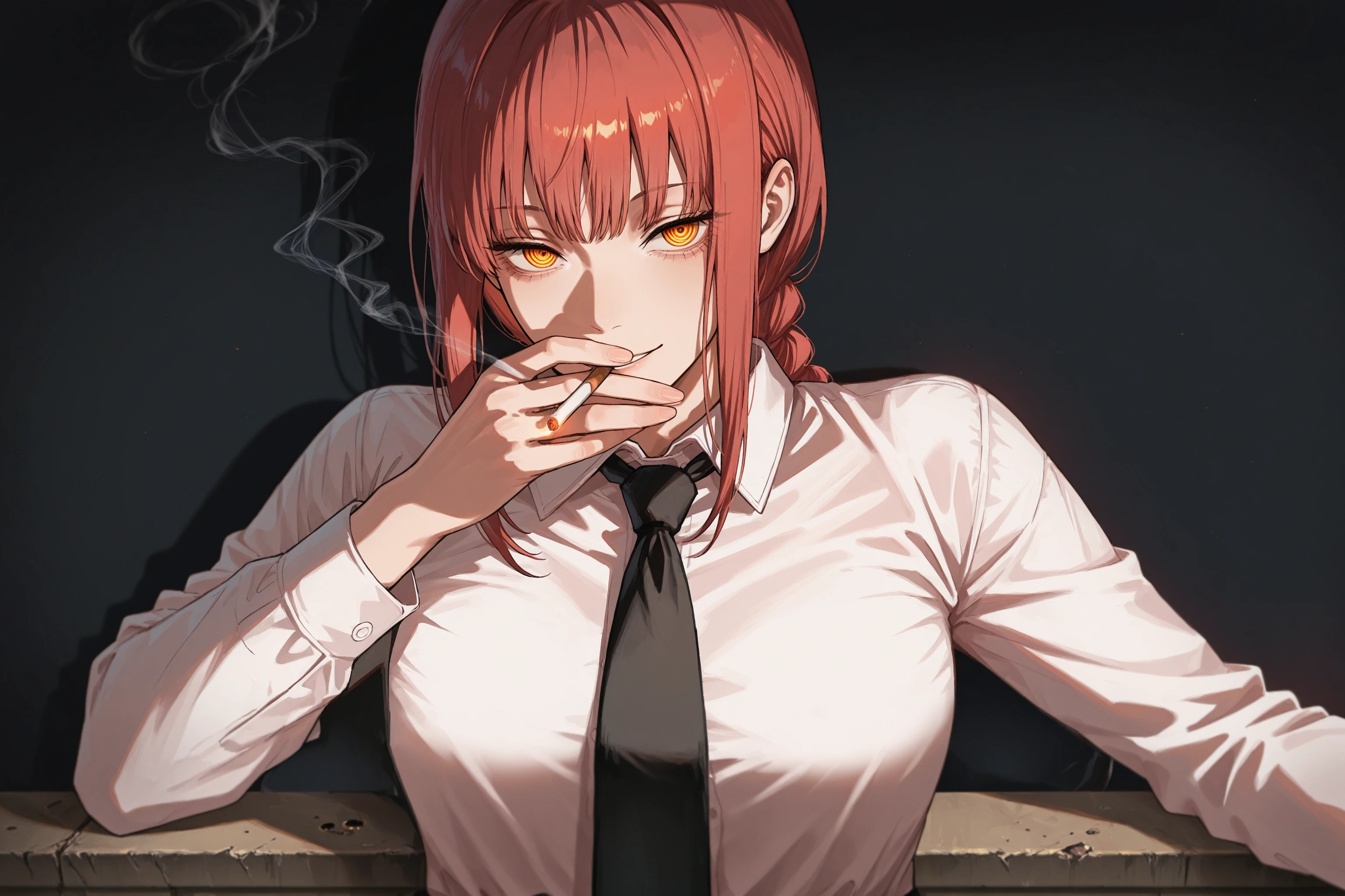 masterpiece, best quality, absurdres, safe
1girl, holding cigarette, smoking, [looking down,:looking at viewer, light smile,:0.5]
makima \(chainsaw man\), 
white shirt, black necktie,
spread arms, arm support, 
dark background, black background, 
<lora:cigarette_kiss_il_2_v4_d32_final:1>
<lora:front_lighting_il_2_d16_soft:1>