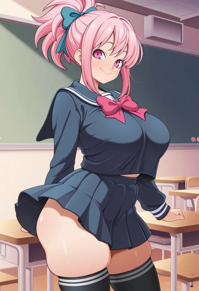 (8K、Top image quality、top-quality、masterpiece)、1 girl in、Pink hair twin tails、light blue eyes、evilsmile、large full breasts、a sailor suit、long-sleeve、Mini pleated skirt in dark blue、white over high socks、(panty shot)、Taken from below、Classroom Background