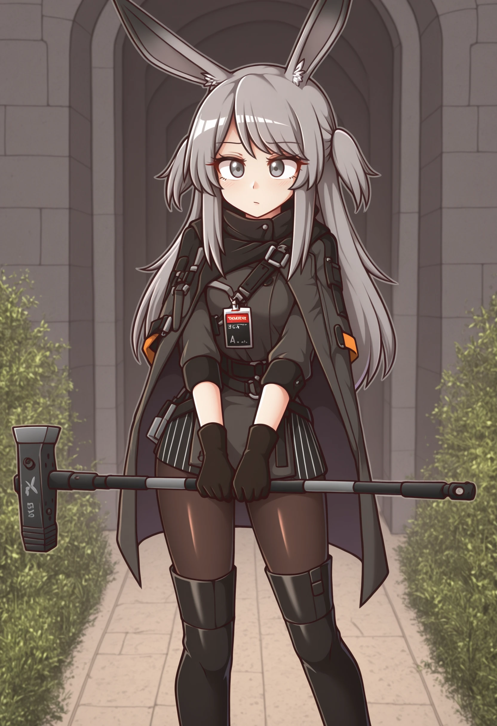 masterpiece,best quality,amazing quality, savage, gray hair, side locks, rabbit girl, grey eyes, two side up, long hair, gloves,official costume, dress, short dress, pantyhose, jacket, name tag,thigh boots, pantyhose, standing,cloak, contraposto, holding hammer, two-handed,wool \(miwol\), solo, garden
<lora:Savage (Illustrious) v1:0.8>