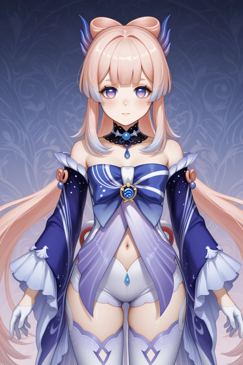 masterpiece, best quality, very aesthetic, absurdres, 1girl, mature_lady, Mummy_clothes, bandage_clothes, bandaged_chest, bandaged_fingers, bandaged_hand, bandaged_head, bandaged_neck, bandaged_thighs, bandaged_pants, bandages cover body， ,sangonomiya_kokomi(genshin_impact), blue_hair, pink_hair, multicolored_eyes, long_hair, bow-shaped_hair,  colored_tips,,on stage,floating_clothes