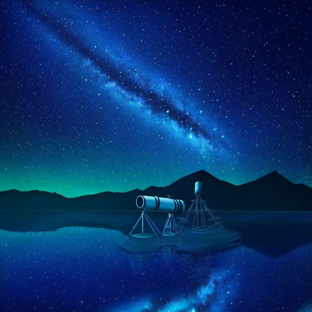 (BG_Milky, night, night sky, starry sky, sky, scenery, outdoors, milky way, water, reflection, mountain top, telescope),