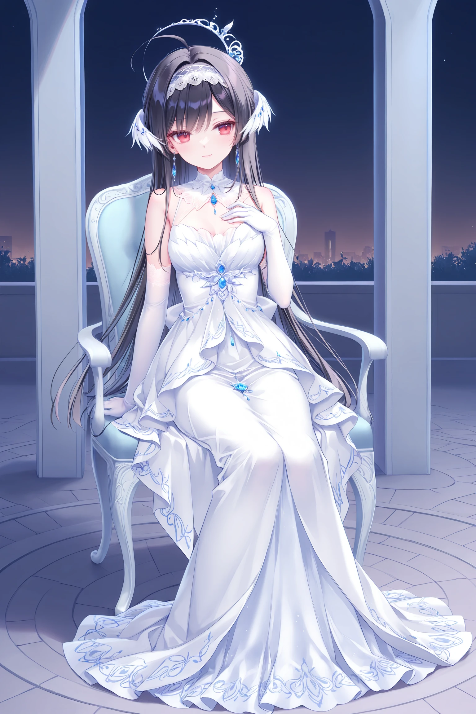 masterpiece,best quality,newest,absurdres,highres,soft shadows,year2024,(chen bin:0.7),(hiten \(hitenkei\):0.4),(rimuu:0.5),(mignon:0.5),(sheya:0.6),
<lora:miaXLNAI-000010:1>,mianonomiya,1girl,ahoge,frilled hairband,black hair,long hair,red eyes,light smile,
<lora:nightowlXLNAI:1>,nightowl,white dress,long dress,jewelry,hair ornament,elbow gloves,blue pillar,
sitting on chair,hand on own chest,arm at side,
outdoors,street,full body,