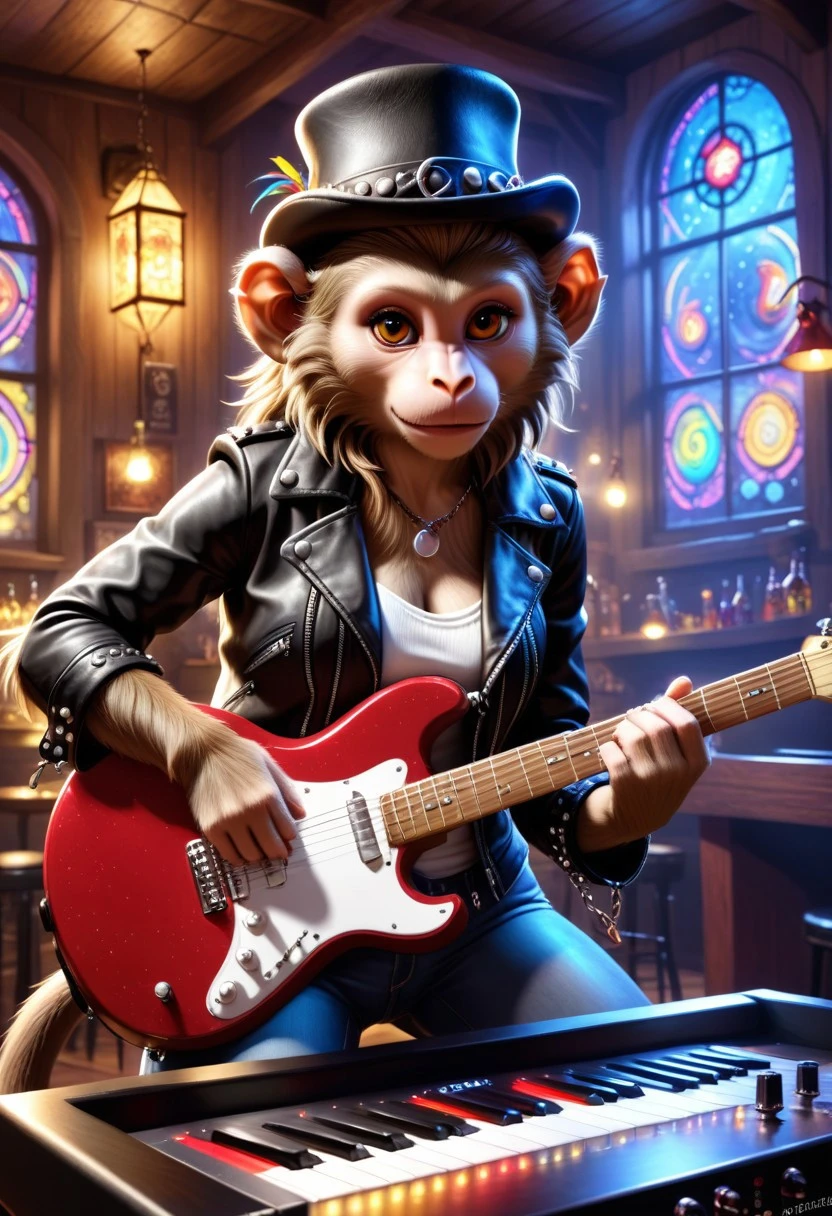 Revised Prompt with Playful & Cheerful Vibe:
"Create a vibrant and energetic fantasy rock adventure scene with 8K resolution and detailed matte painting techniques. At the center is a cheerful-looking female vervet dressed in rock attire: a leather jacket with bright studs, cut-off jeans with star chains, and boots with colorful moons. The monkey sits on a high-backed turntable, holding a guitar, with a playful look and a hat with the words "Rockn'Fur".
Atmosphere details:
A bright tavern interior with colorful stained glass windows that project rainbow lights onto the walls.
Surreal creatures in the background: goblins with rose-colored glasses, dancing elves with electric guitars, and a talking octopus bartender who gives a funny wink.
Dynamic lighting: pulsating neon lights, fiery smoke that turns into sheet music, and glowing confetti in the air.
Playful elements: tables with miniature drums as cups, piano keys as rat tracks, and a mirror that reflects the monkey as a rock star with a 10-meter mane.
Style: A combination of hyper-realism and fairy-tale mood with an emphasis on smooth animations of her fur, shiny accessories, and sparkling eyes that radiate high-life energy. Use Unreal Engine 5 for cinematic motion blur when her hat waves and subsurface scattering for the soft lights that envelop the scene.