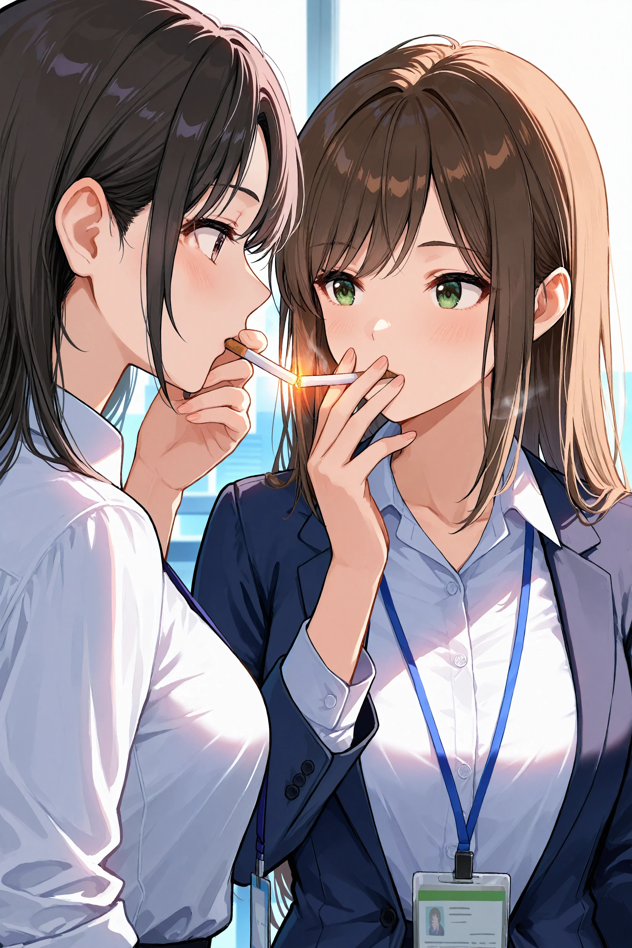 masterpiece, best quality, absurdres, safe
2girls, cigarette kiss, holding cigarette, smoking, white shirt, office lady,
<lora:cigarette_kiss_il_2_v4_d32_final:1>