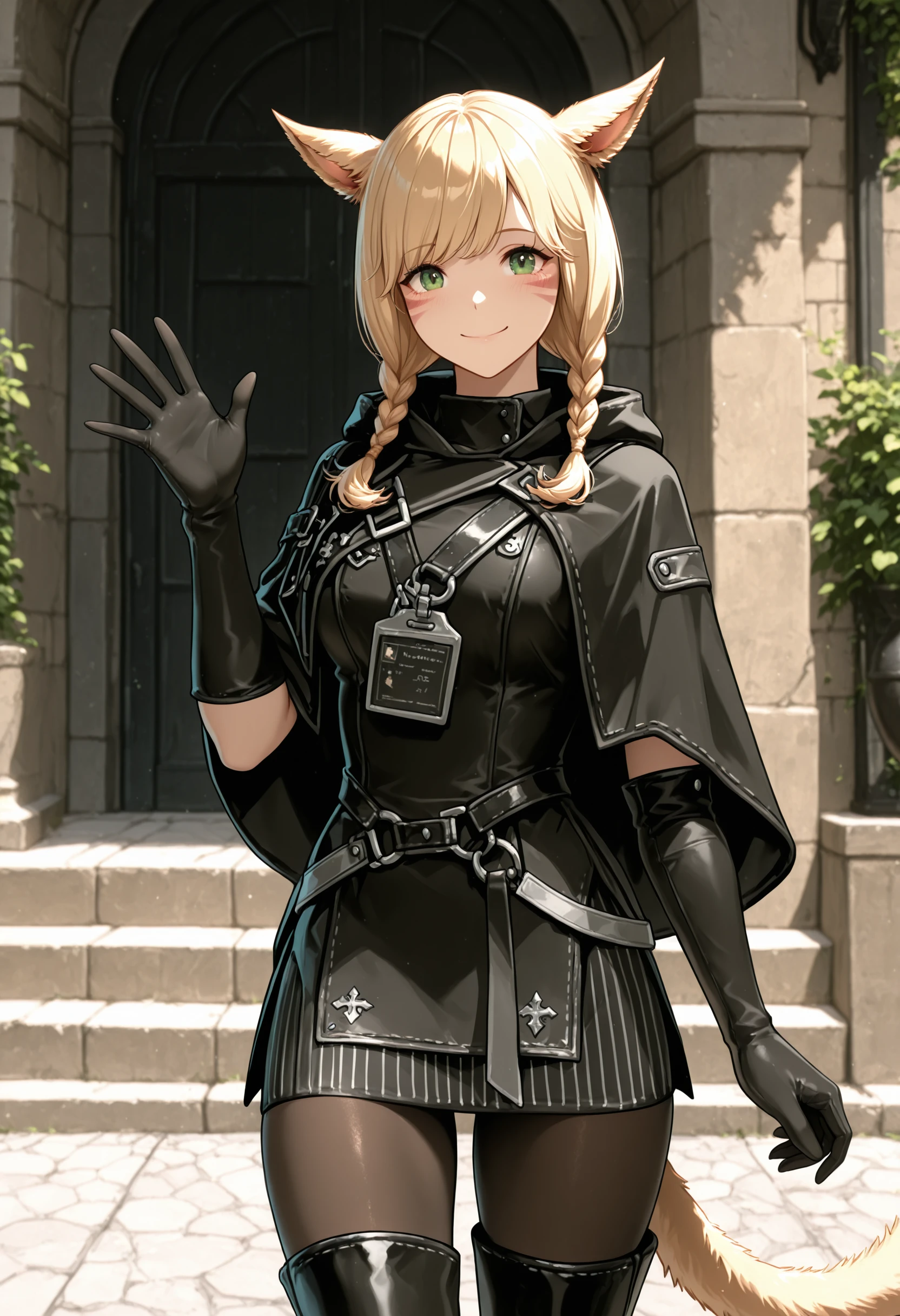 masterpiece,best quality,amazing quality, miqo'te, blonde hair, short hair, whisker markings, green eyes, twin braids,savage cosplay, official costume, black dress, short dress, pantyhose,cloak,name tag,elbow gloves, jacket, thigh boots, pantyhose, standing, smile, outdoors, smile, hand up, waving, cowboy shot, solo,smile, looking at viewer,solo
<lora:Savage (Illustrious) v1:1.0> <lora:miqote (Illustrious) v1:0.8>
