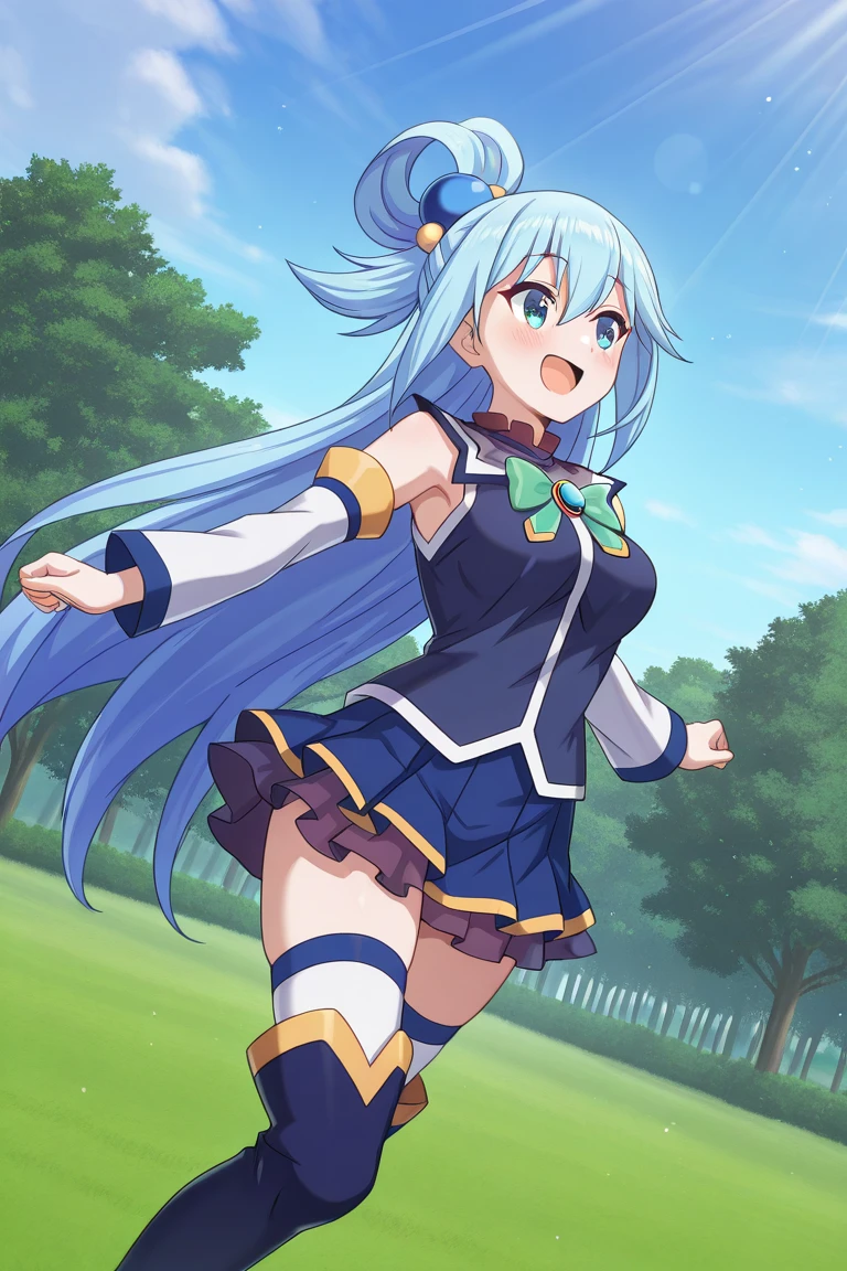 masterpiece, best quality, amazing quality, rays ligh, particles of light, front shot cinematic angle, detailed, various angles, detailed background, beautiful background, BREAK Aqua-Liver020, 1girl, solo, medium breasts, long hair, blue eyes, hair between eyes, single hair ring, very long hair, blue hair, hair ornament, bangs, blue shirt, purple collar, bare shoulders, sleeveless shirt, separated sleeves, white sleeves, long sleeves, ornaments, blue shirt, blue small gem, green bowtie, blue boots, tall boots, long boots, white long socks, pleated skirt, white thighhighs, zettai ryouiki, blue thigh boots, thighhighs, thigh highs under boots, thighhighs under boots, green field, trees, blue sky, smile, open mouth, KonosubaFantasticDays-Liver020