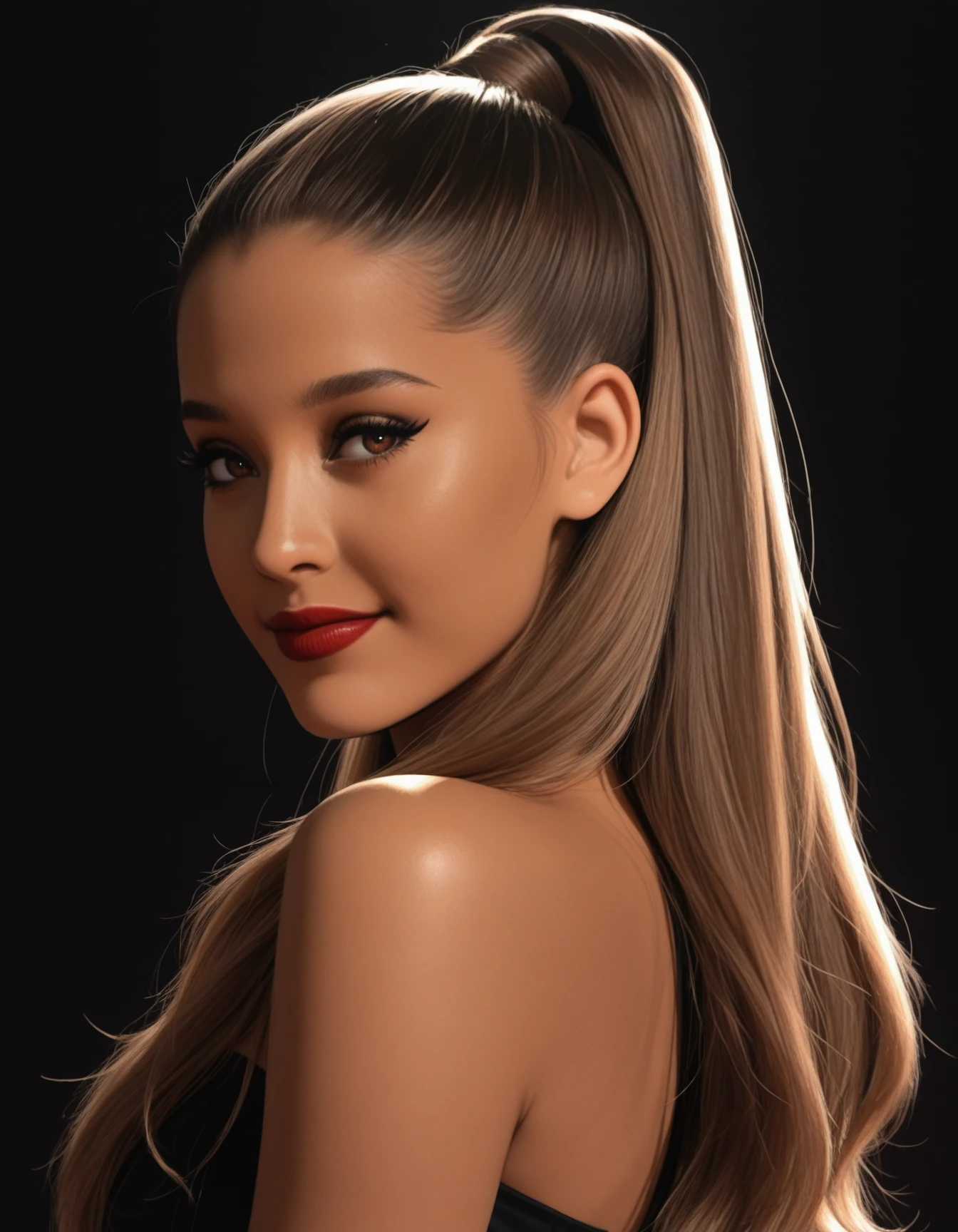 masterpiece, best quality, absurdres, very aesthetic, high quality, highres, high contrast,
dress,
simple background, black background, spotlight, shaded face,
1girl, solo, portrait, light smile, side view,
<random ariana lora>