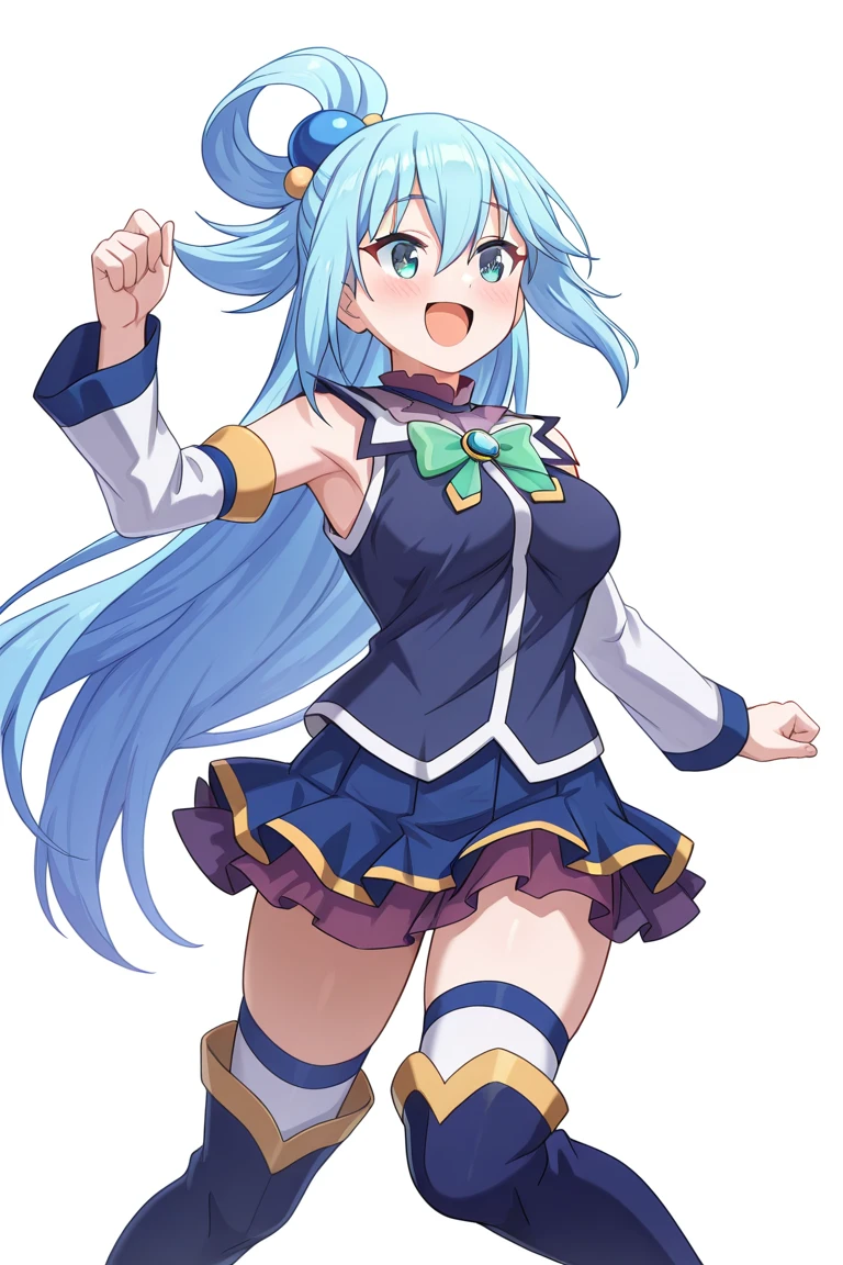 masterpiece, best quality, amazing quality, best quality, amazing quality, white background, simple background, BREAK Aqua-Liver020, 1girl, solo, medium breasts, long hair, blue eyes, hair between eyes, single hair ring, very long hair, blue hair, hair ornament, bangs, blue shirt, purple collar, bare shoulders, sleeveless shirt, separated sleeves, white sleeves, long sleeves, ornaments, blue shirt, blue small gem, green bowtie, blue boots, tall boots, long boots, white long socks, pleated skirt, white thighhighs, zettai ryouiki, blue thigh boots, thighhighs, thigh highs under boots, thighhighs under boots, smile, open mouth, KonosubaFantasticDays-Liver020