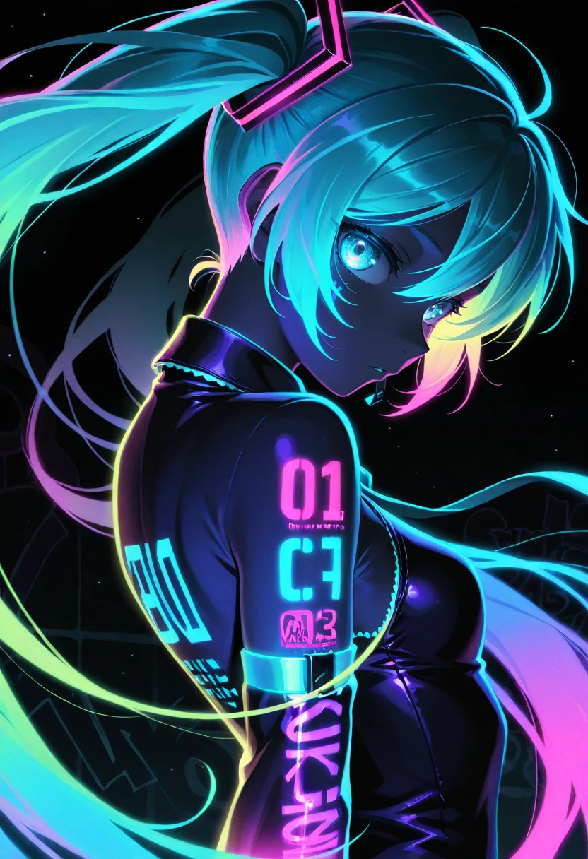 graffiti style Hatsune Miku, (limited palette:1.2), black background, colorful, (vibrant, glowing outline, neon hair, blacklight:1.2), looking at viewer, (side view:0.1), masterpiece, best quality, absurdres, very aesthetic . street art, vibrant, urban, detailed, tag, mural