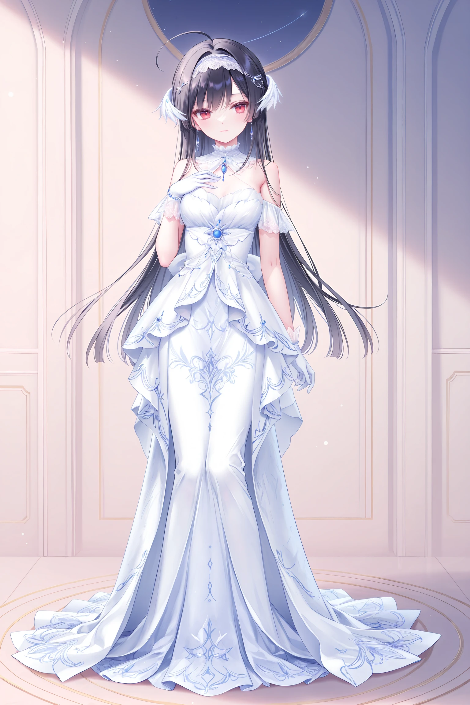 masterpiece,best quality,newest,absurdres,highres,soft shadows,year2024,(chen bin:0.7),(hiten \(hitenkei\):0.4),(rimuu:0.5),(mignon:0.5),(sheya:0.6),
<lora:miaXLNAI-000010:1>,mianonomiya,1girl,ahoge,frilled hairband,black hair,long hair,red eyes,light smile,
<lora:nightowlXLNAI:1>,nightowl,white dress,long dress,jewelry,hair ornament,elboww gloves,
full body,standing,hand on own chest,arm at side,