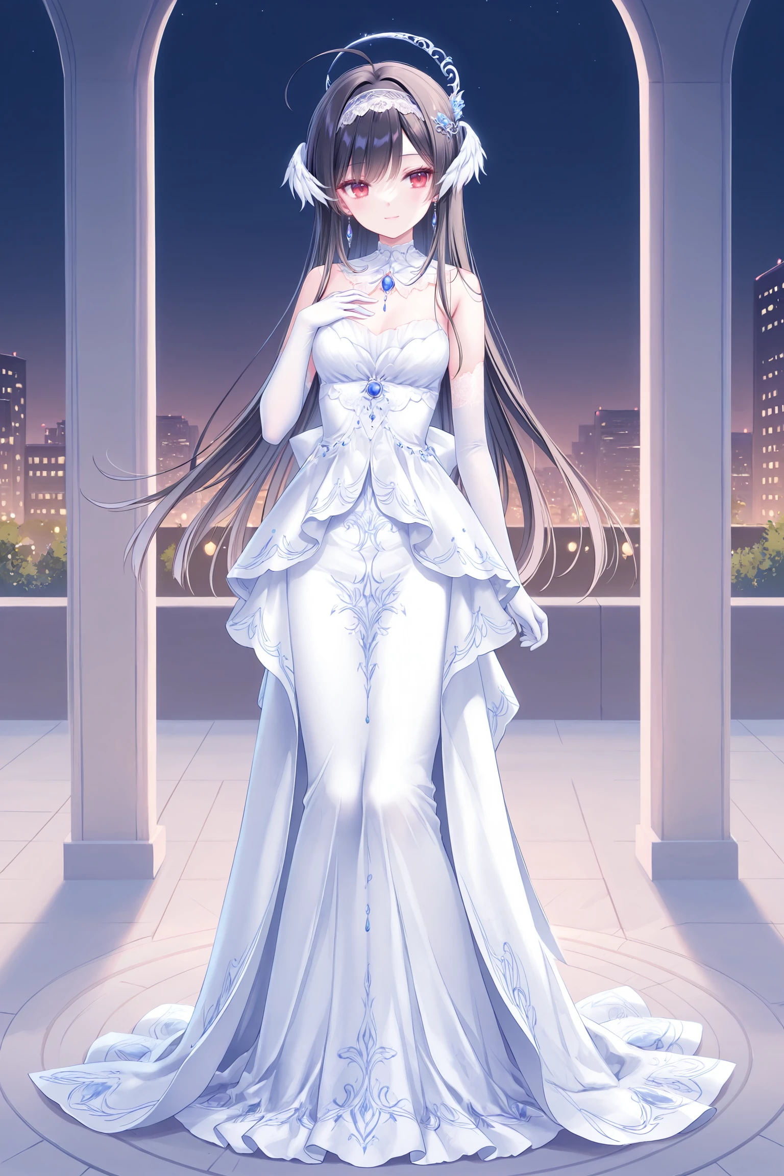 masterpiece,best quality,newest,absurdres,highres,soft shadows,year2024,(chen bin:0.7),(hiten \(hitenkei\):0.4),(rimuu:0.5),(mignon:0.5),(sheya:0.6),
<lora:miaXLNAI-000010:1>,mianonomiya,1girl,ahoge,frilled hairband,black hair,long hair,red eyes,light smile,
<lora:nightowlXLNAI:1>,nightowl,white dress,long dress,jewelry,hair ornament,elbow gloves,pillar,
standing,hand on own chest,arm at side,
outdoors,street,full body,