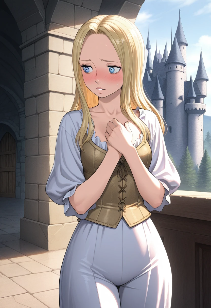 1woman, (masterpiece:1.3), best quality, (extremely detailed:1.3), one princess kneeling in a stone rooms, large innocent eyes, unique forehead, unique nose, bare shoulders, off the shoulders dress, medium cleavage, push up cleavage, bursting cleavage, platinum blonde long hair, small tiara on head, (sad emotions:1.5) , tight top dress with long a billowing bottom dress, cold colors, window with the moon, moonlight specular moonlight, (stone a wood basement background:1.3), BarbraEvenot face, big belly, love handles, covered navel
