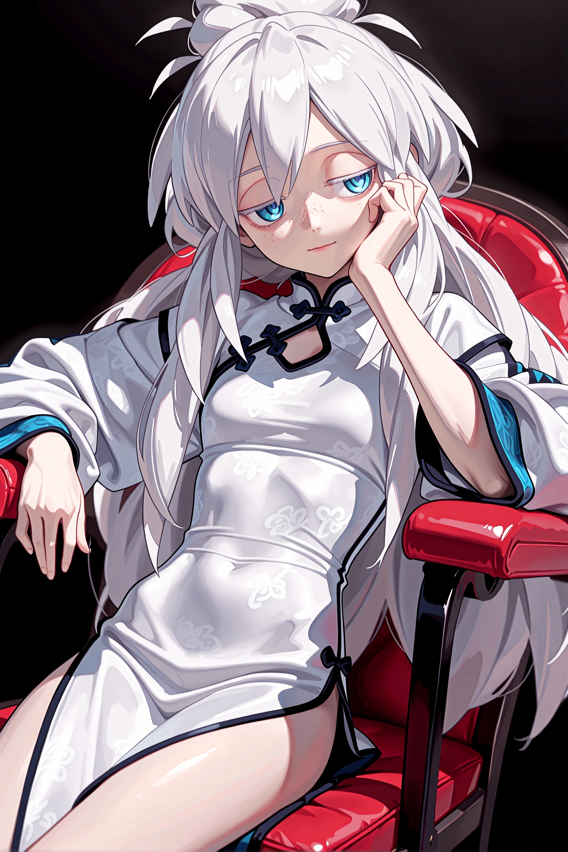 1girl, deux murasame, freckles, long hair, 
chinese clothes, 
jitome, light smile, 
sitting, figure four sitting, leaning back, hand on own cheek, 
black background, 
cowboy shot, dutch angle, <lora:deuxmurasameillv3.1:0.9>,, masterpiece, best quality, amazing quality, very aesthetic, absurdres, highres, newest,<lora:xl_saturation_slider:0.1> <lora:add-detail-xl:1> <lora:illustriousXLv01_stabilizer_v1.121:0.4> <lora:reduce_wrinkles_illstriouosv0.1_ADDifT_2_in_1_v1.2:0.9>