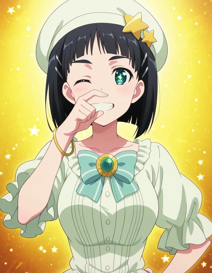 masterpiece, best quality, amazing quality,, <lora:suguha-kirigaya-s1-illustriousxl-lora-nochekaiser:1>, suguha kirigaya, short hair, black hair, hair ornament, hairclip, green eyes, mature female, breasts, anime screencap, <lora:aristocratic-clothes-illustriousxl-lora-nochekaiser:1>, aristocratic clothes, bow, bracelet, brooch, dress, frilled dress, frills, gown, hat ornament, jewelry, <lora:rubbing-nose-illustriousxl-lora-nochekaiser:1>, rubbing nose, looking at viewer, smile, one eye closed, hand up, teeth, star (symbol),, slit_pupils, , , ,