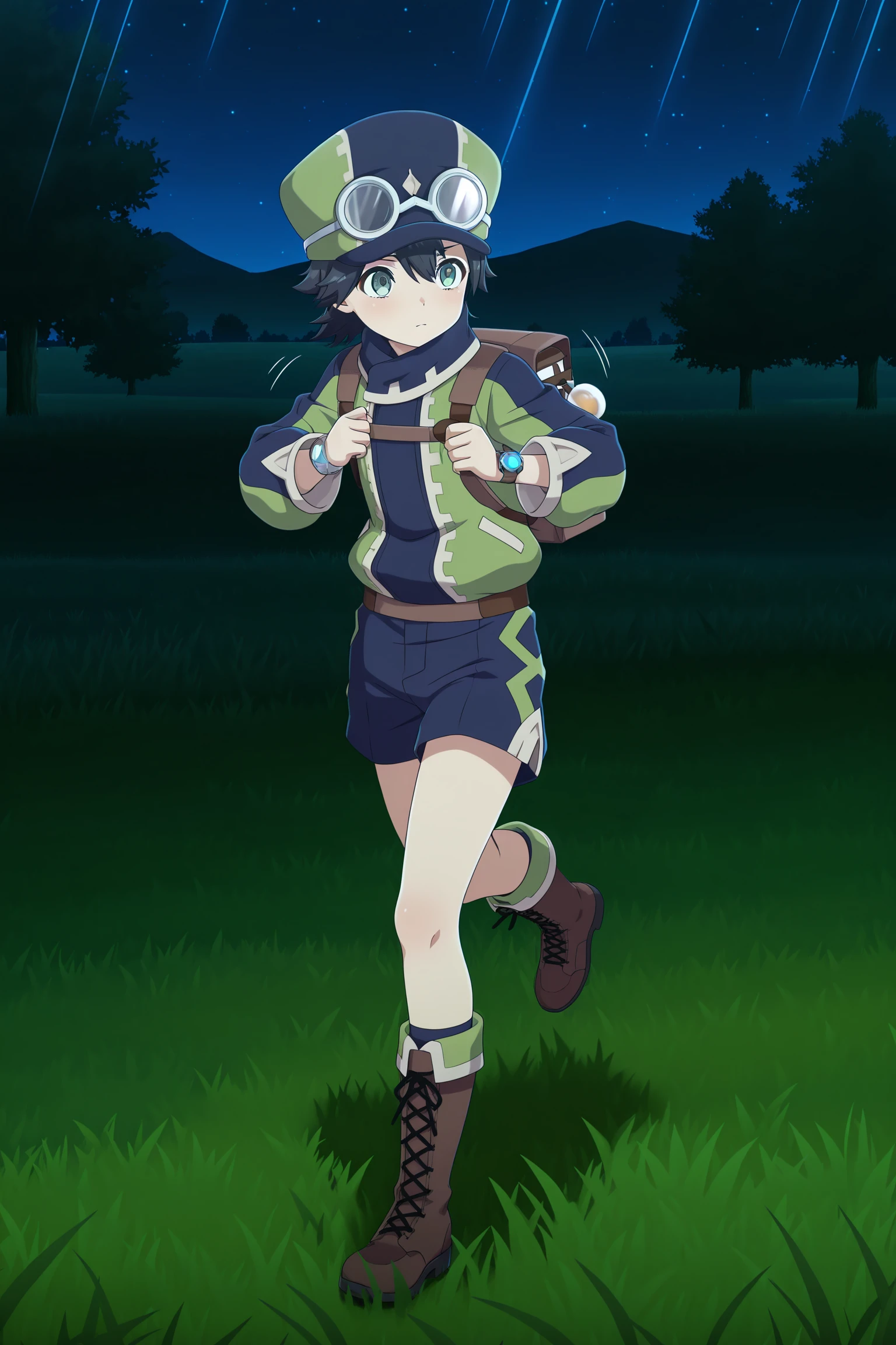 anime screencap, anime coloring, detailed face, masterpiece, best quality, very aesthetic, absurdres, volumetric lighting, official style, amazing quality, ultra detailed, highres, amazing quality, scenery, beautiful detailed hair, beautiful detailed eyes,
outside, grass, at night, night
 <lora:Jean_Fire_Emblem_Engage:.8>
1boy, solo, male focus, bag, shorts, night, cross-laced footwear, hat, boots, goggles, standing, backpack, black hair, lace-up boots, full body,
running, motion lines, motion blur
