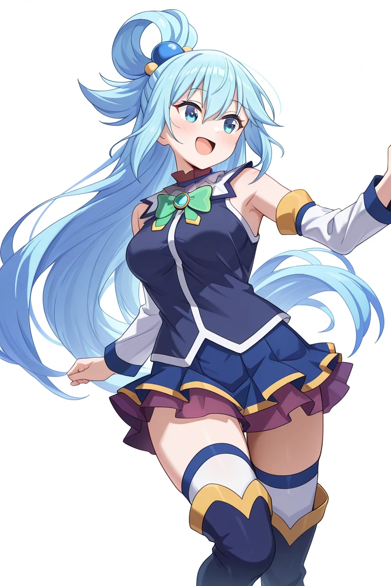 masterpiece, best quality, amazing quality, best quality, amazing quality, white background, simple background, BREAK Aqua-Liver020, 1girl, solo, medium breasts, long hair, blue eyes, hair between eyes, single hair ring, very long hair, blue hair, hair ornament, bangs, blue shirt, purple collar, bare shoulders, sleeveless shirt, separated sleeves, white sleeves, long sleeves, ornaments, blue shirt, blue small gem, green bowtie, blue boots, tall boots, long boots, white long socks, pleated skirt, white thighhighs, zettai ryouiki, blue thigh boots, thighhighs, thigh highs under boots, thighhighs under boots, smile, open mouth, KonosubaFantasticDays-Liver020