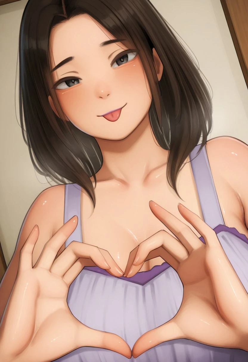 a Japanese girl, with straight hair tied up, black hair, naked, nsfw, laughing, doing an erotic pose with her hands on her breasts, perfect body, big chest, detailed curves, 8k, best quality, film lighting, detailed background