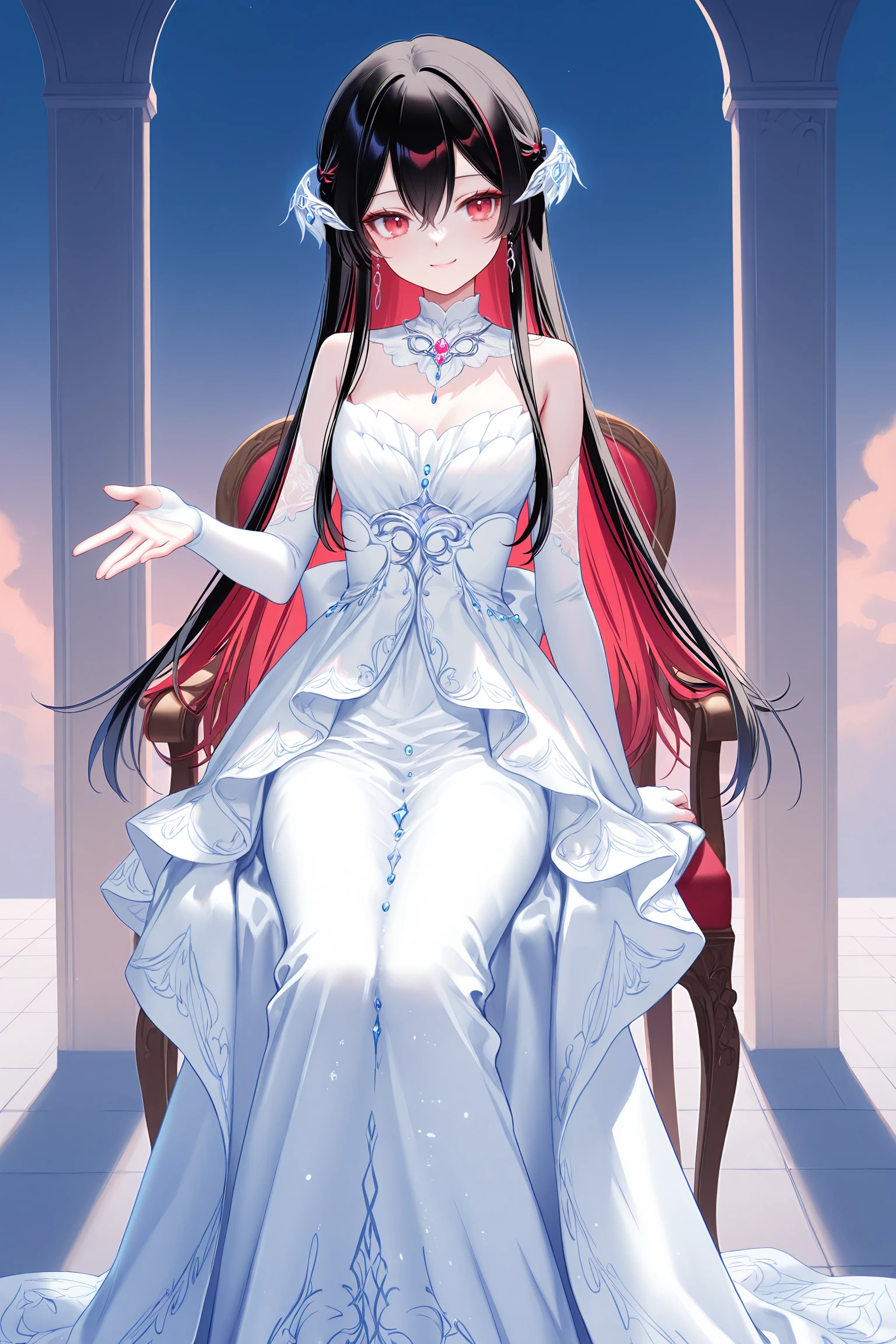 masterpiece,best quality,newest,absurdres,highres,soft shadows,year2024,(chen bin:0.7),(hiten \(hitenkei\):0.4),(rimuu:0.5),(mignon:0.5),(sheya:0.6),
<lora:ren(witch)XLNAI:1>,ren(def),1girl,long hair,black hair,multicolored hair,red eyes,hair between eyes,red hair,colored inner hair,smile,
<lora:nightowlXLNAI:1>,nightowl,white dress,long dress,jewelry,hair ornament,elbow gloves,
standing,arm at side,outstretched hand,
outdoors,pillar,sitting on chair,sky,