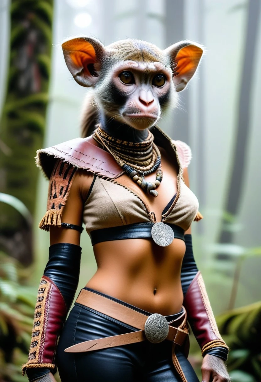 “Extremely detailed photorealistic 8K rendering: Genetically plausible human-vervet hybrid (anthropomorphic anatomy: upright stance, thick brown-gray fur on forearms/legs/tail, human facial structure with subtle ape-like features – elongated jawline, flattened bridge of nose, and weak eyebrow ridge). Clothing: Tribally inspired leather armor with hand-crafted geometric patterns, worn linen tunic dyed with natural pigments, and weathered wooden bracelets carved with realistic animal motifs, standing in a pristine temperate rainforest (ancient Sitka spruce trees with peeling bark, shallow stream with visible river rocks and sediment). Holding a smoldering clay bowl of medicinal herbs biologically accurate steam.
"An ultra-attractive and sexy female human-vervet hybrid, with striking, expressive almond-shaped eyes and slightly pointed ears, adorned in edgy rocker clothing. She sports a black leather jacket with studs and patches, ripped jeans, and combat boots. Her dark, curly hair is styled in a messy, voluminous fashion. A hint of a mischievous grin plays on her lips, accentuated by bold dark lipstick. The lighting is dramatic, with a strong spotlight highlighting her features against a smoky, dimly lit background. The image captures a bold and seductive vibe, showcasing her unique and captivating hybrid nature. A professional, cinematic shot captures the subject in sharp detail, creating a high-quality image rendered in the SDXL style."