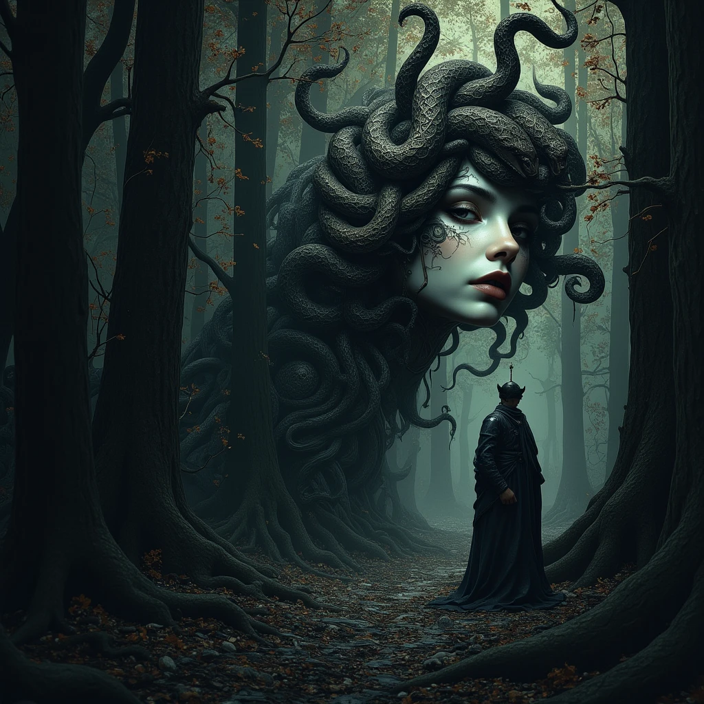 Photorealistic. In a mystical forest. Atmospheric, moody. A painting of a mysterious figure, skulking in the shadows. Her head is made of snakes. She moves amongst the trees, unseen in the night.

mdsaCE_style