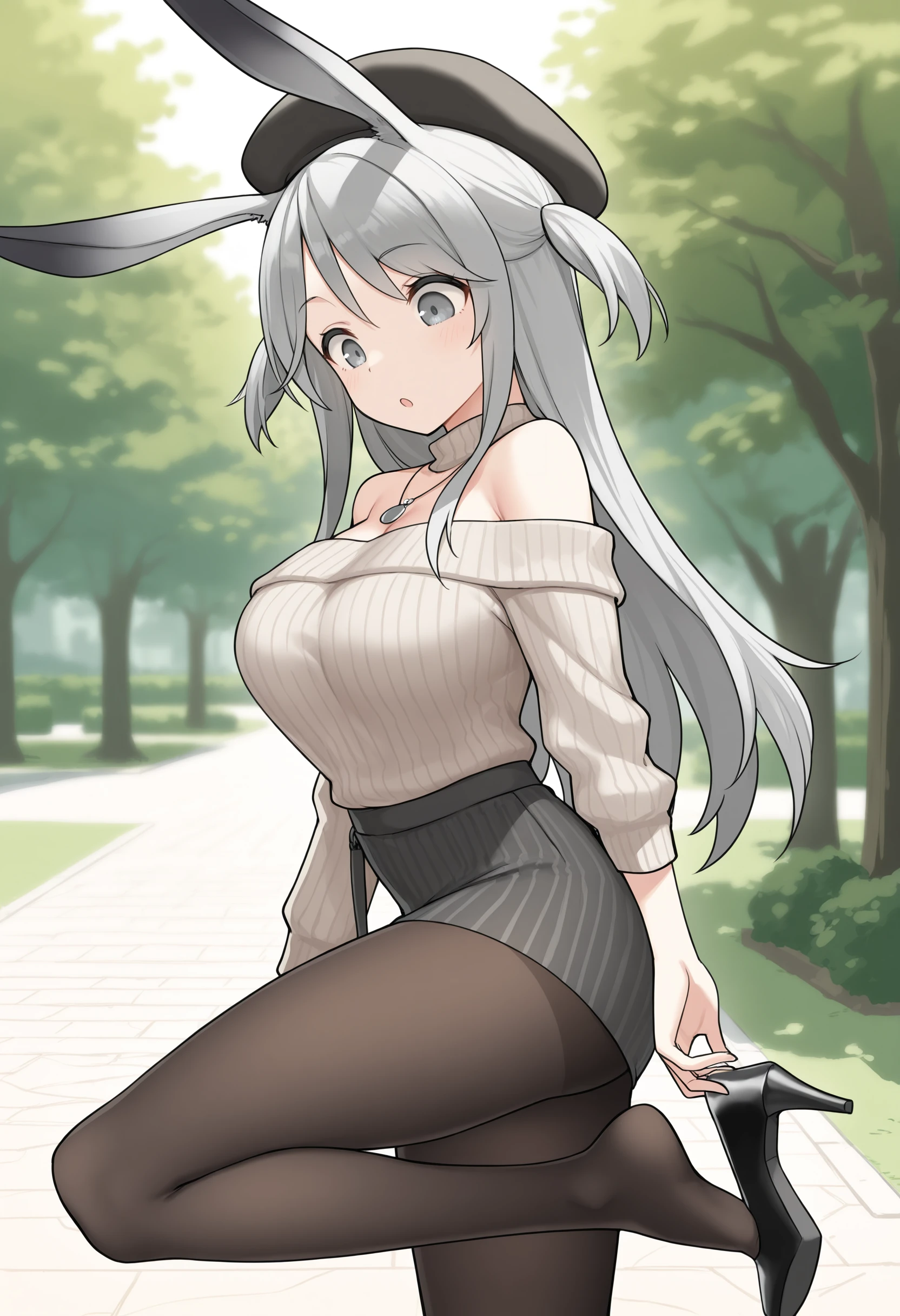 masterpiece,best quality,amazing quality, savage, gray hair, side locks, rabbit girl, grey eyes, two side up, long hair, off-shoulder sweater, pantyhose, high heels, skirt, beret, : o, (adjusting shoe:1.1), standing, leg up, bent knee, outdoors, park,looking back, looking down, necklace, from side, standing on one leg,
<lora:Savage (Illustrious) v1:0.9>