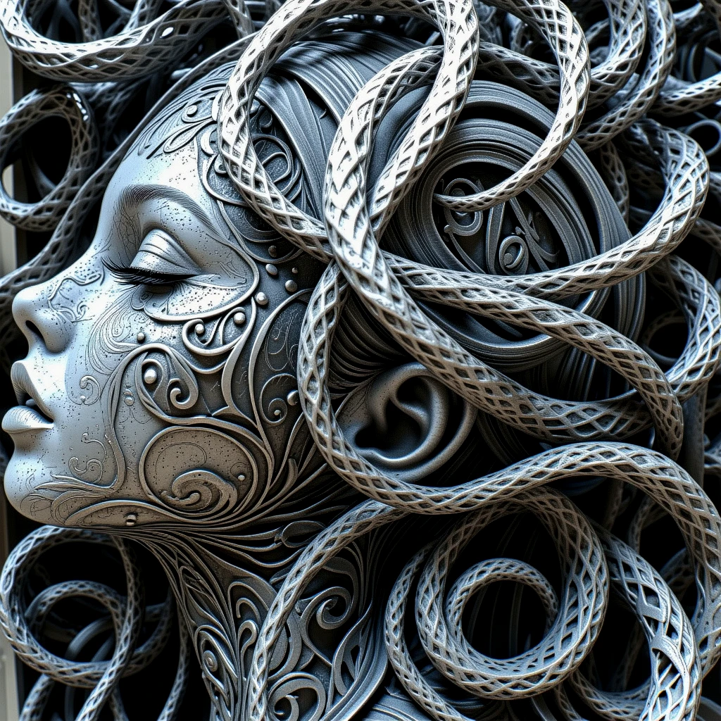 Photo, photorealistic, RAW, 8k, abstract art.
Art. Sculpture. An abstract, twisting, metal filigree female sculpture.
mdsaCE_style