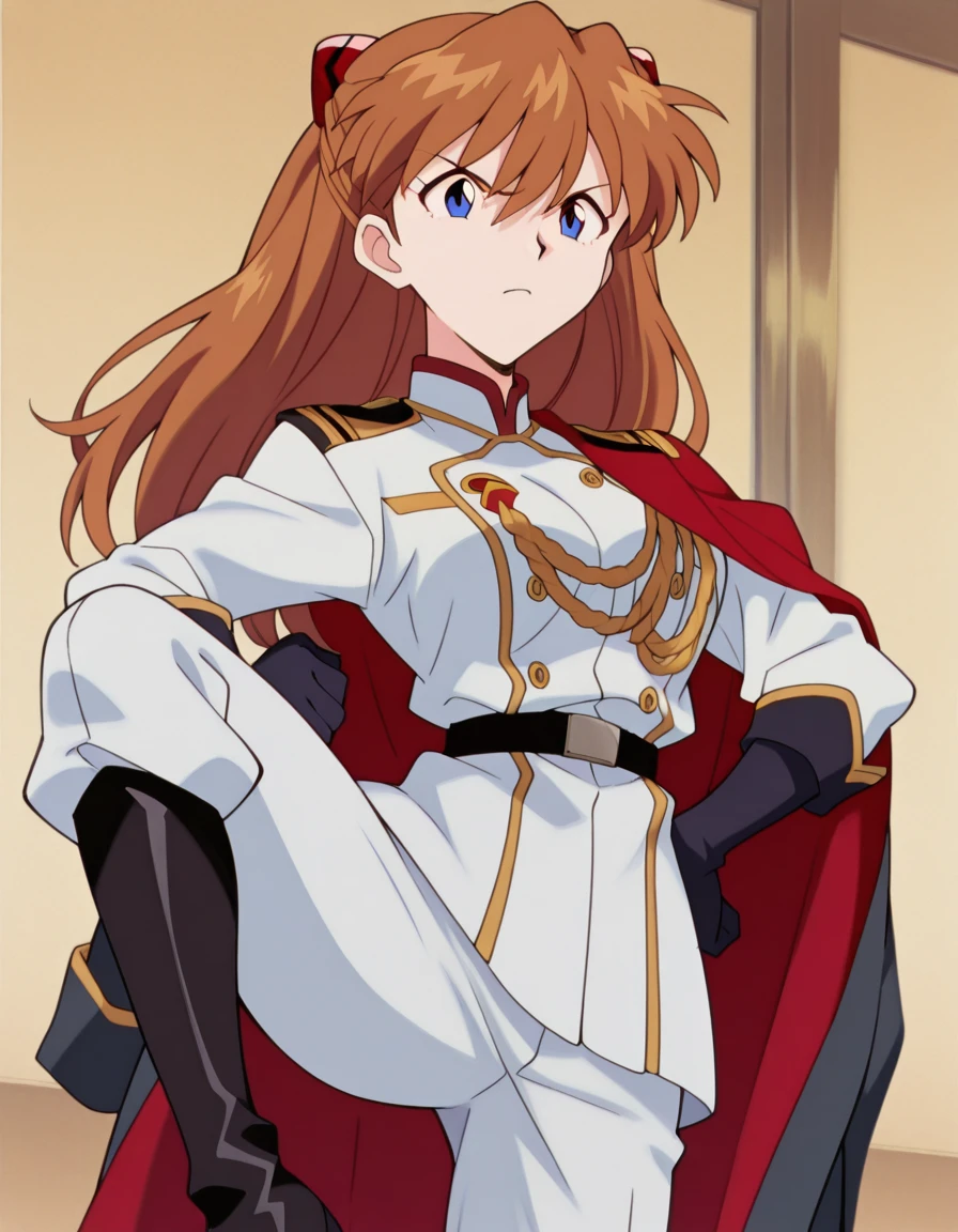 masterpiece, best quality, amazing quality,, <lora:asuka-langley-soryuu-classic-illustriousxl-lora-nochekaiser:1>, asuka langley soryu, long hair, bangs, blue eyes, brown hair, hair ornament, breasts, anime screencap, <lora:aristocratic-clothes-illustriousxl-lora-nochekaiser:1>, aristocratic clothes, aiguillette, belt, boots, coat, elbow gloves, floral print, gloves, gold trim, jacket, knee boots, military coat, military jacket, military uniform, pants, shoulder boards, two-sided coat, two-sided fabric, vest, <lora:kung-fu-illustriousxl-lora-nochekaiser:1>, kung fu, martial arts, training, fighting stance, cowboy shot, leg up, tsundere, , , ,