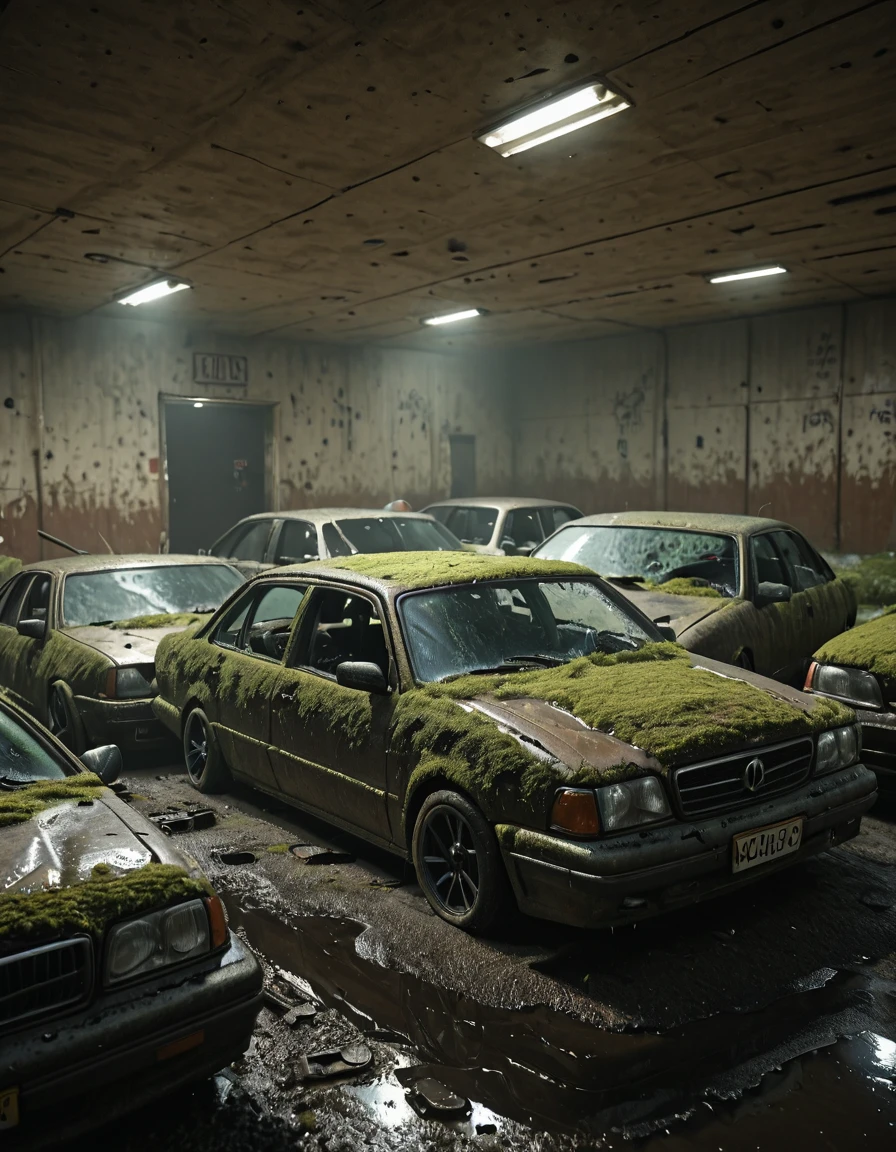 <lora:CW02_Lost_Officev2illb:1> many abandonned cars, abandonned car parking, no car lights, car wrecks, wet, wet spots, dirty, very dark foreground, moss, graffitis, no wheels, colored lighs on the background,