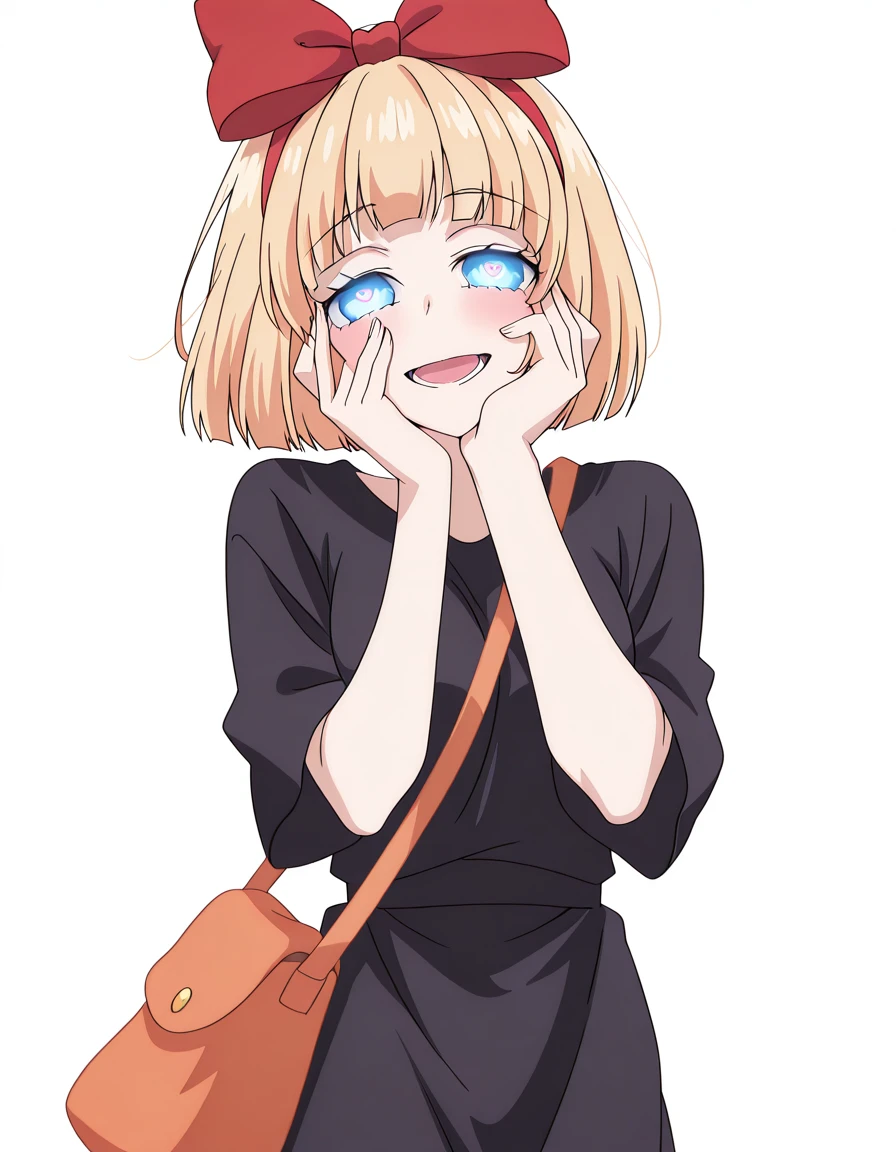 masterpiece, best quality, amazing quality,, <lora:mona-narumi-s1-illustriousxl-lora-nochekaiser:1>, mona narumi, narumi mona, short hair, bangs, blue eyes, blonde hair, bob cut, mature female, medium breasts, anime screencap, <lora:witch-kiki-cosplay-illustriousxl-lora-nochekaiser:1>, witch kiki cosplay, kiki (majo no takkyuubin) (cosplay), bag, black dress, bow, bow hairband, cosplay dress, hairband, long dress, red bow, red hairband, shoulder bag, sleeves past elbows,, <lora:yandere-trance-illustriousxl-lora-nochekaiser:1>, yandere trance, yandere, hands on own cheeks, hands on own face, crazy eyes, crazy smile, crazy, heart-shaped pupils, glowing eyes, symbol-shaped pupils, hand on own face, open mouth, glowing, blush, looking at viewer,, half_closed_eyes, , <lora:transparent-background-illustriousxl-lora-nochekaiser:1>, transparent background, simple background, white background, ,