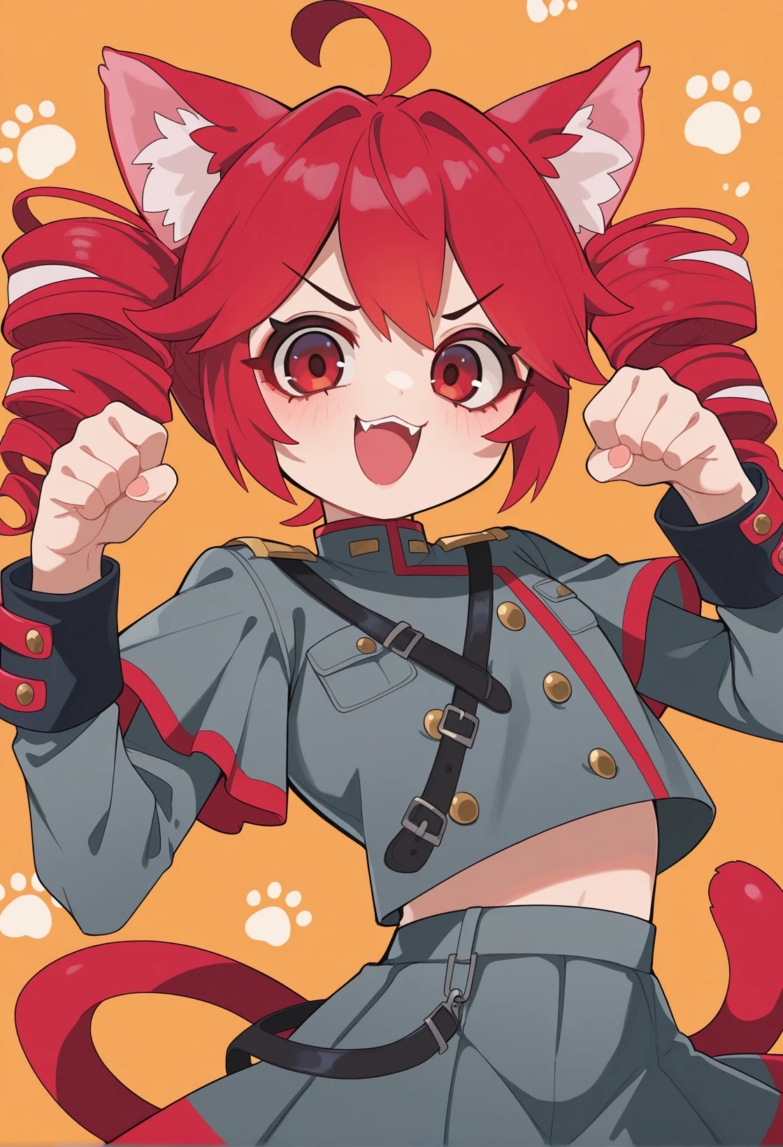 <lora:MCNsSlurp01:1> MCNs51uRq,kasane teto, animal ears, cat ears, 1girl, solo, red eyes, red hair, twin drills, drill hair, shoulder belt, looking at viewer, open mouth, ahoge, cat tail, double-breasted, grey skirt, buttons, grey jacket, tail, smile, fangs, midriff peek, long sleeves, orange background, skirt, jacket, animal ear fluff, v-shaped eyebrows, :3, paw print, upper body, shoulder boards, sleeve cuffs, paw pose, shirt, hands up, halftone, short hair, bow, white bow,
saturated, rich_colors,,