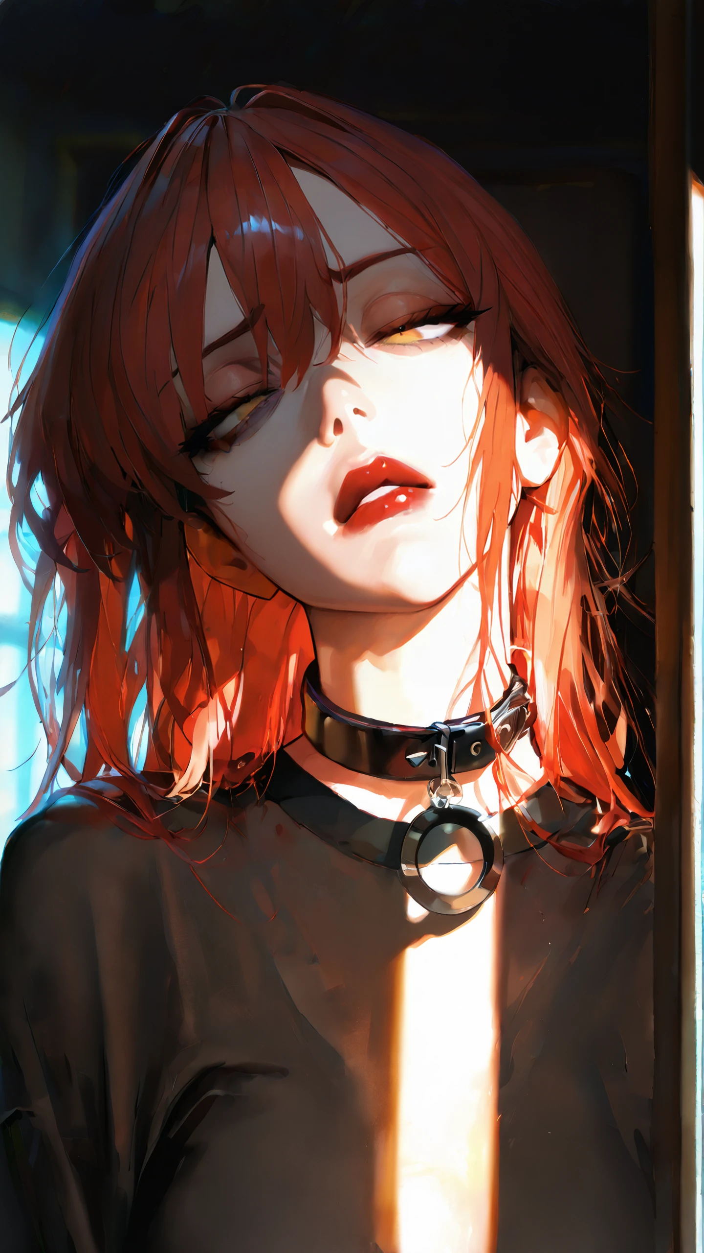 masterpiece, newest,absurdres,incredibly absurdres, best quality, amazing quality, very aesthetic, dark, volumetric lighting,
1girl, red hair, pet collar, disdain, red lips, head tilt, micro shorts, 
 <lora:Face_Enhancer_Illustrious:1> <lora:KonYa666:1> kony4666