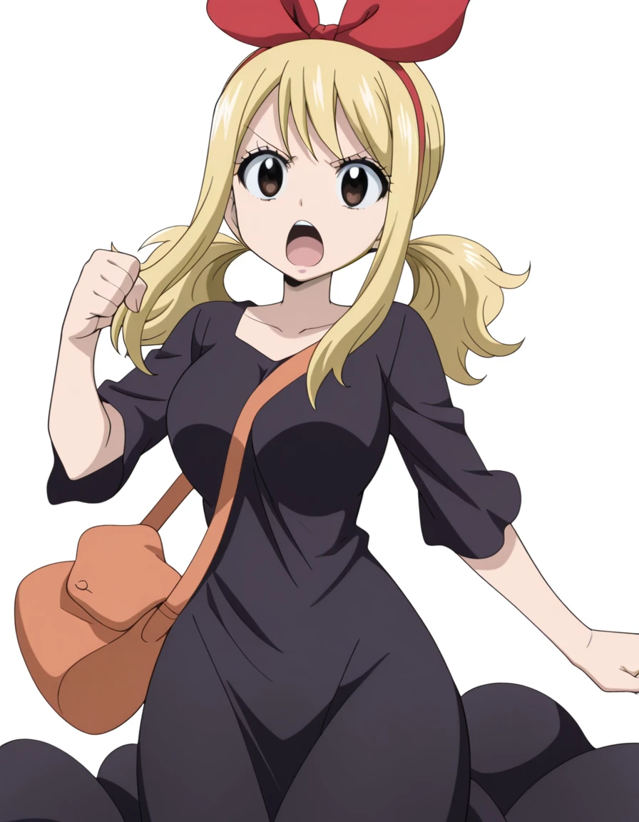 masterpiece, best quality, amazing quality,, <lora:lucy-heartfilia-s1s3s7-illustriousxl-lora-nochekaiser:1>, lucy heartfilia, twintails, low twintails, sidelocks, blonde hair, brown eyes, long hair, mature female, breasts, anime screencap, <lora:witch-kiki-cosplay-illustriousxl-lora-nochekaiser:1>, witch kiki cosplay, kiki (majo no takkyuubin) (cosplay), bag, black dress, bow, bow hairband, cosplay dress, hairband, long dress, red bow, red hairband, shoulder bag, sleeves past elbows,, <lora:dynamic-pose-illustriousxl-lora-nochekaiser:1>, dynamic pose, fighting stance, cowboy shot, v_shaped_eyebrows, open mouth, , ,