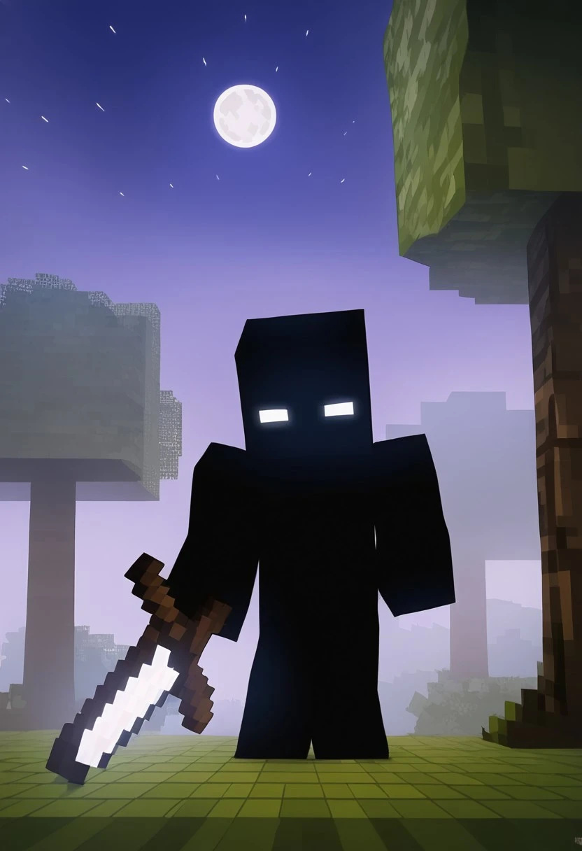 BREAK score_9, score_8_up, score_7_up, source_anime, 1boy, solo, Null_(BPS), minecraft, body of shadows, creature made of shadows, black body, black skin, no hair, no nose, no mouth, glowing eyes, white eyes, no pupils, wielding a sword, iron sword, cursed forest, tall trees, dry trees, dark trees, purple sky, night, moon, (creativity:1.4),