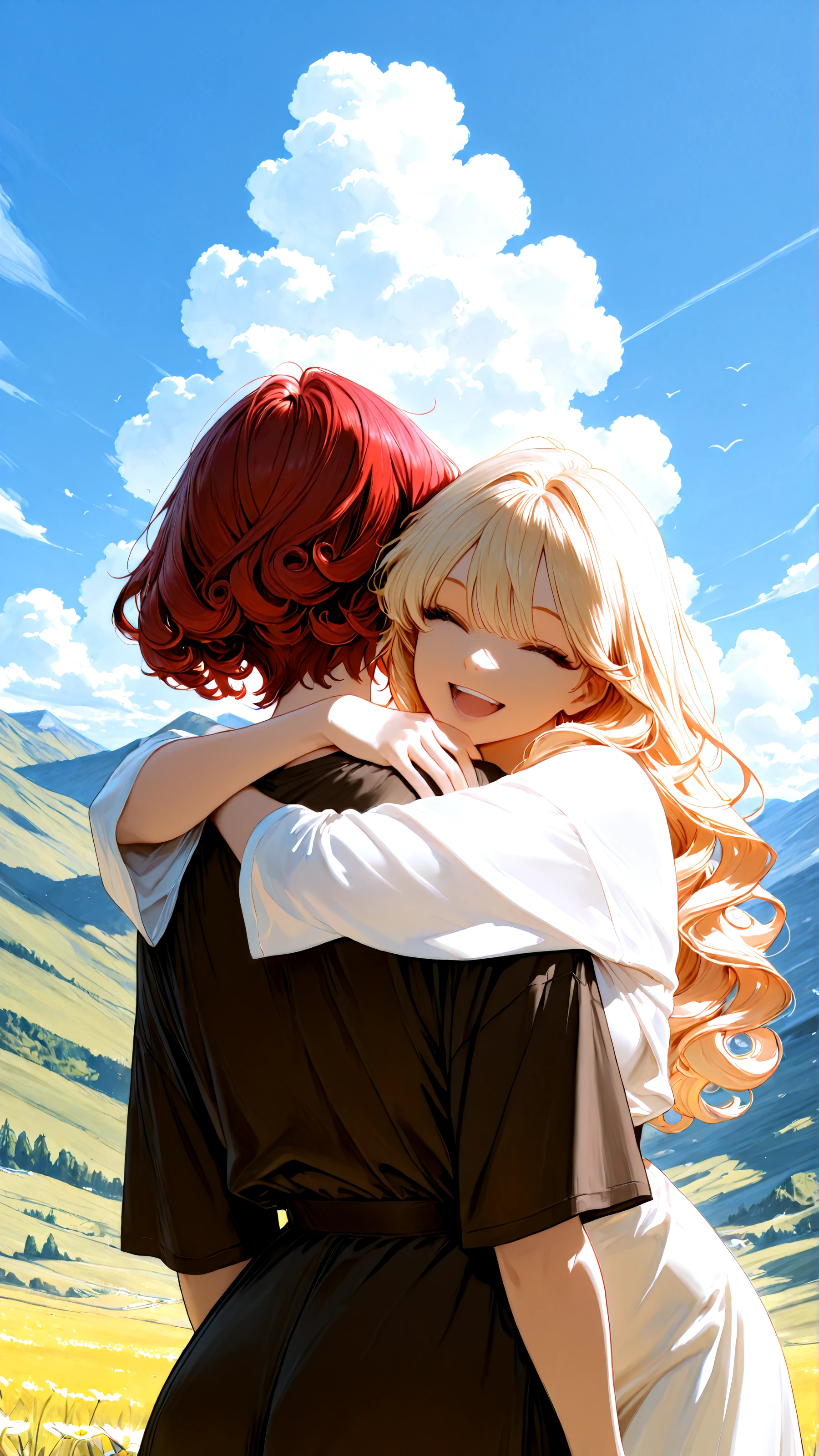 masterpiece, newest,absurdres,incredibly absurdres, best quality, amazing quality, very aesthetic,
2 girls, hugging, happy, red hair, curly hair long hair, blonde, short hair, hills, clouds,
<lora:Face_Enhancer_Illustrious:0.7> <lora:NOOB_vp1_detailer_by_volnovik_v1:0.5>