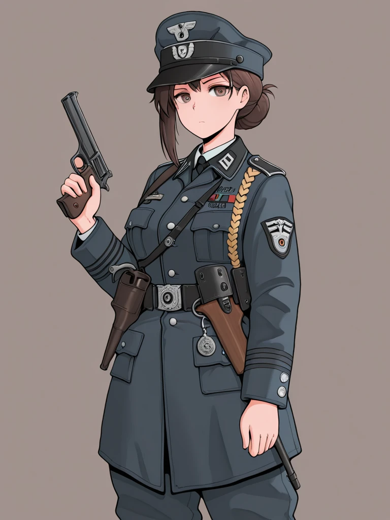 masterpiece, best quality, high quality, detailed,
raw, 1girl, solo, standing, looking at viewer,
brown hair,
uniform, military coat, visorcap, officer, pistol,
simple background,
wehr,
<lora:German_Soldiers_And_Officers__World_War_2:1>,