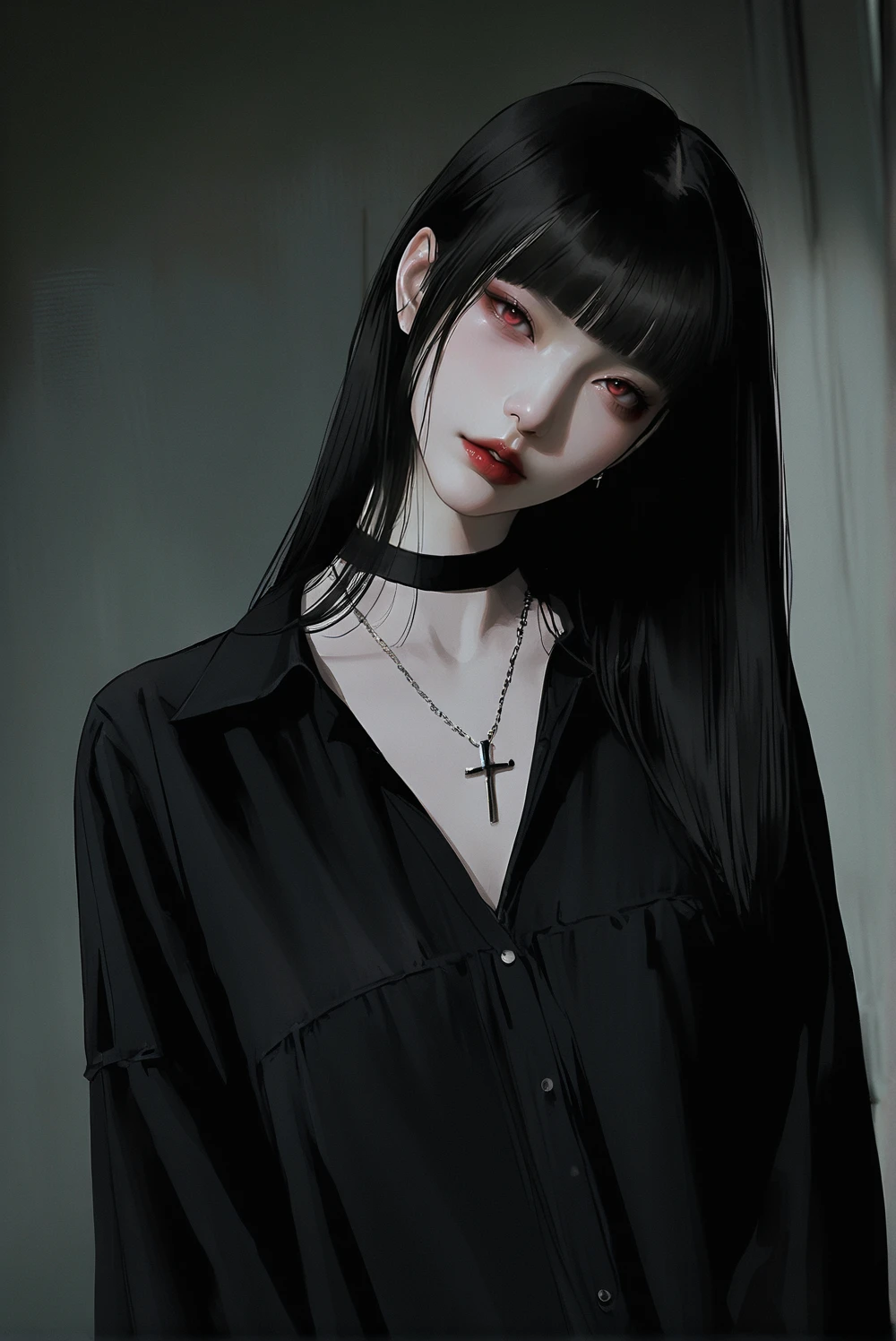 a female character with long straight black hair. she has a pale complexion and red eyes. she is wearing a black choker with a silver cross pendant. the background is muted and dark possibly suggesting an indoor setting or a nighttime scene. the character's expression appears contemplative or melancholic.,1girl,black hair,solo,necklace,long hair,looking at viewer,red lips,cross,cross necklace,choker,jewelry,upper body,blunt bangs,black choker,red eyes,pale skin,shirt,black shirt,head tilt,lips,parted lips,black dress,closed mouth