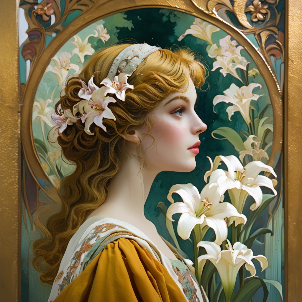 Score_9, score_8_up, score_7_up, score_6_up, BREAK <lora:ArtNoveauMJ7Pony:1> ArsMJStyle, Art Nouveau,, The image shows a painting of a woman with flowers in her hair surrounded by a design of flowers and leaves., 1girl, solo, flower, hair flower, hair ornament, profile, curly hair, long hair, blonde hair, lily (flower)