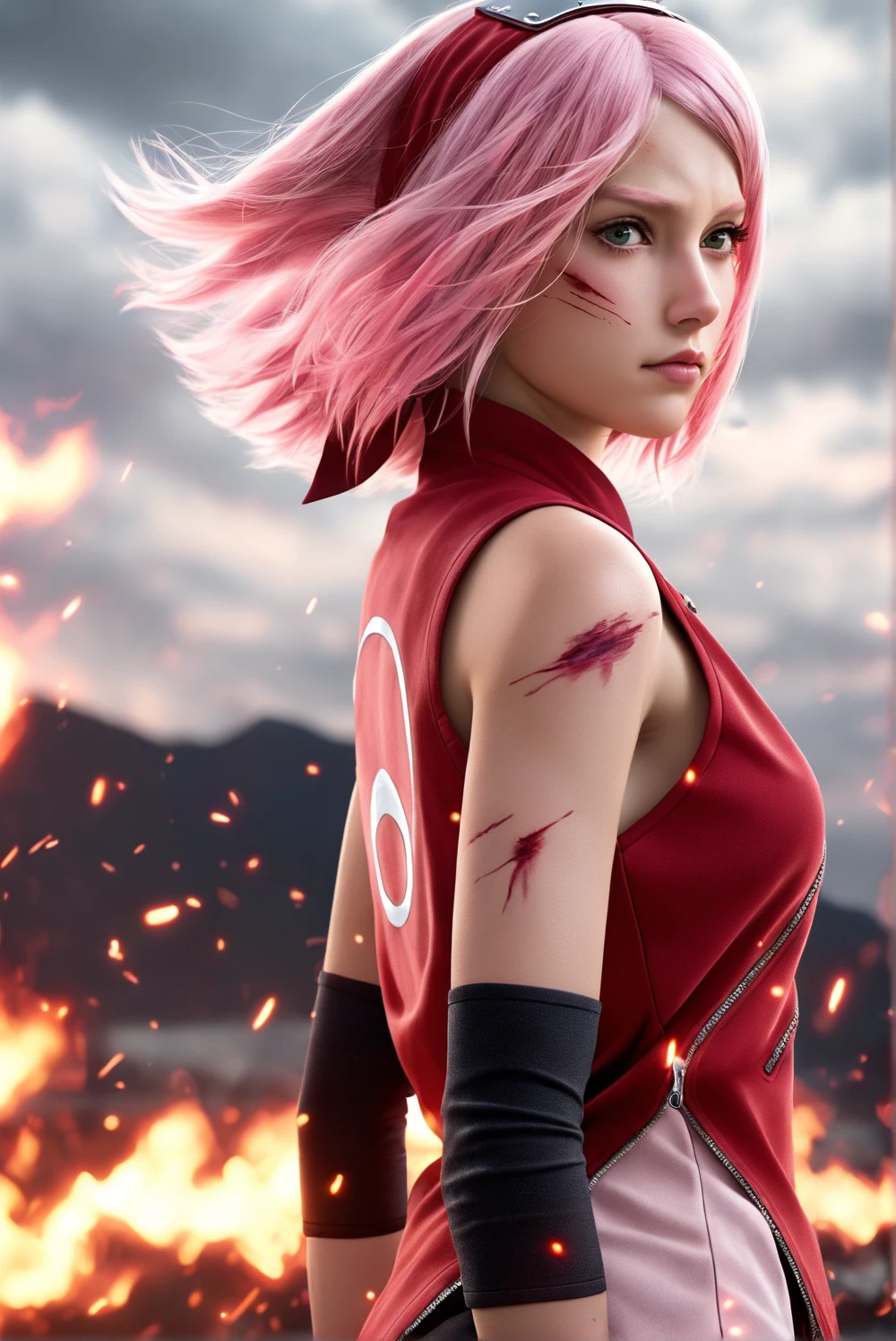 a female character with pink hair, wearing a red and black outfit. she has a headband with a symbol on it. the background depicts a fiery and cloudy sky, suggesting a dramatic or intense setting. the character's expression appears determined or focused.,1girl,pink hair,solo,green eyes,konohagakure symbol,elbow sleeve,looking at viewer,sleeveless,blurry background,blurry,from side,realistic,hairband,fire,embers,lips,small breasts,breasts,bare shoulders,injury,closed mouth,nose,wind,outdoors,black shorts,cuts,shorts,forehead protector,cloud,sleeveless jacket,smoke,headband,bike shorts,upper body,red hairband,medium hair,looking to the side,red jacket,serious,haruno sakura